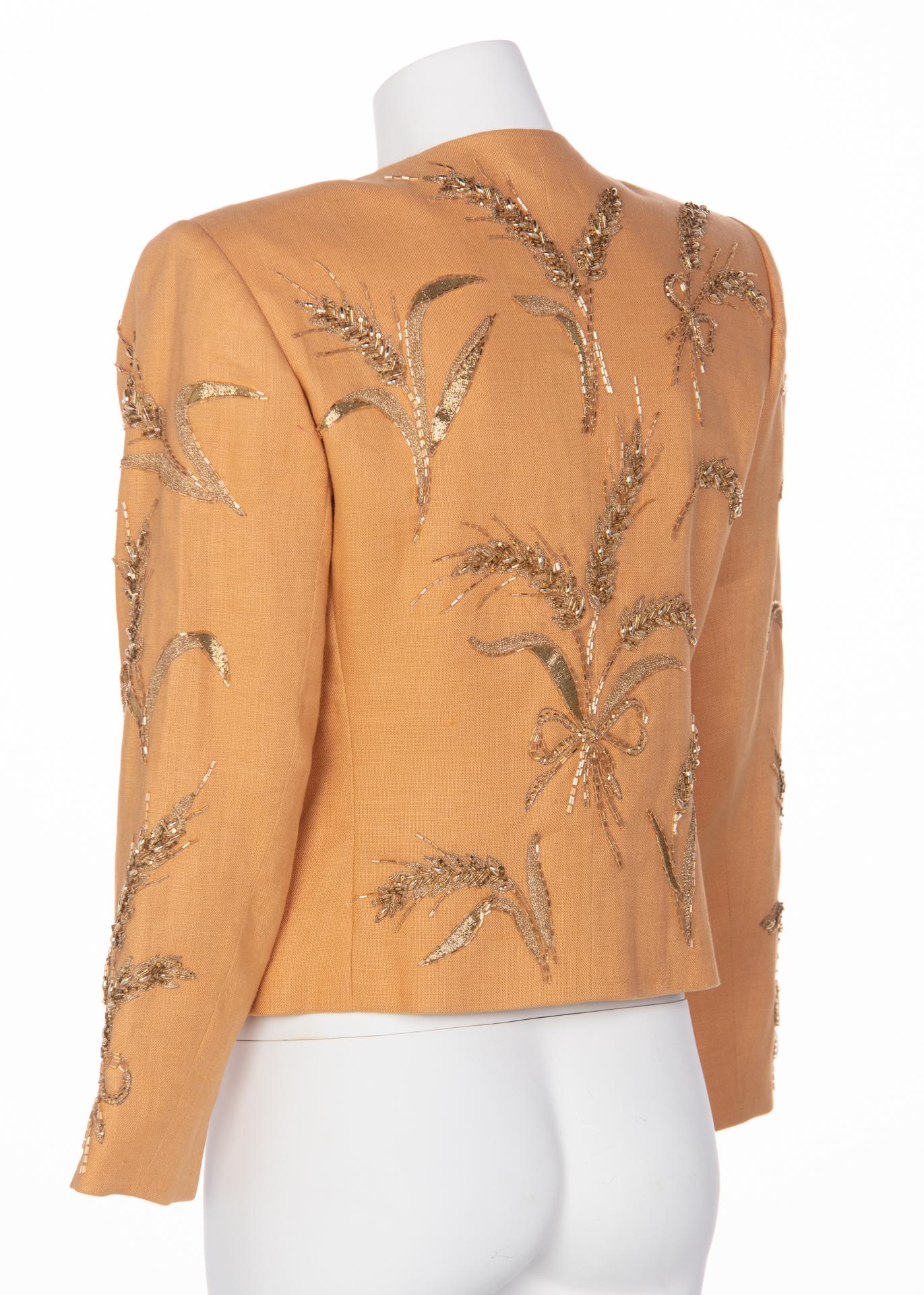 Brown Yves Saint Laurent Gold Beaded Wheat Linen Jacket, 1980s 