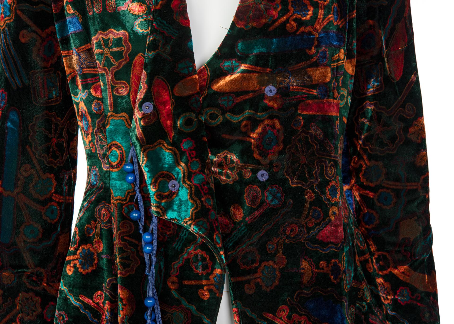 1980s Zandra Rhodes Green Velvet Multicolored Print Tassel Coat 3