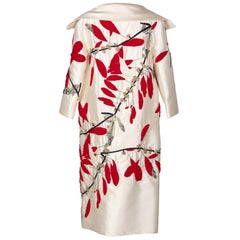 Vintage Valentino Ivory Silk Red Leaves Beaded  Long Evening Coat