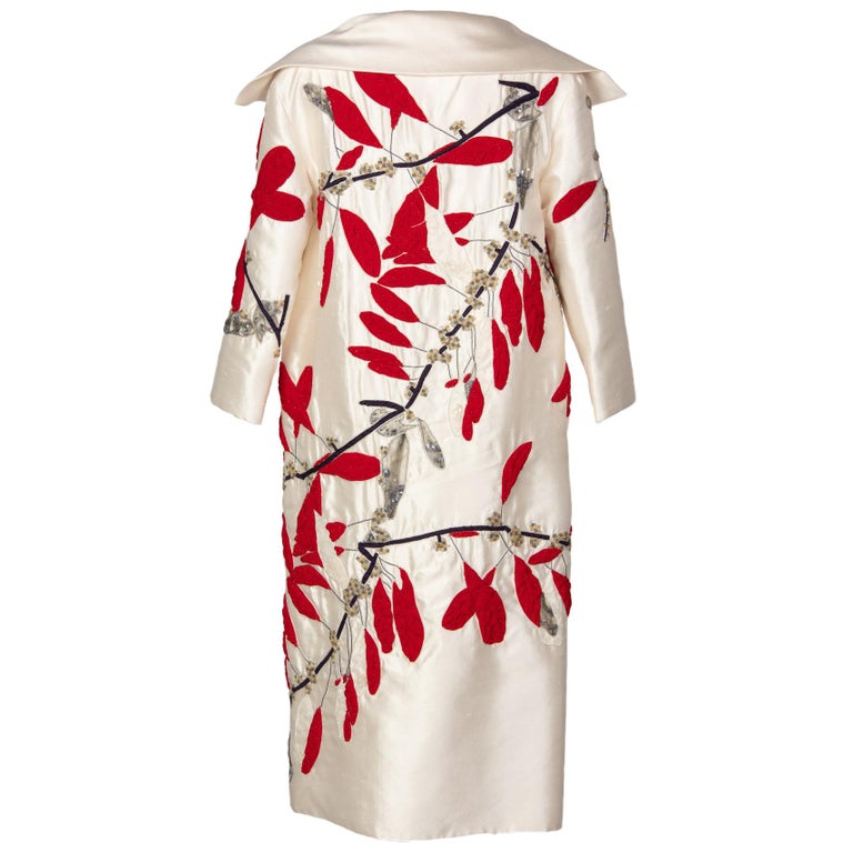 Vintage Valentino Ivory Silk Red Leaves Beaded Long Evening Coat at ...