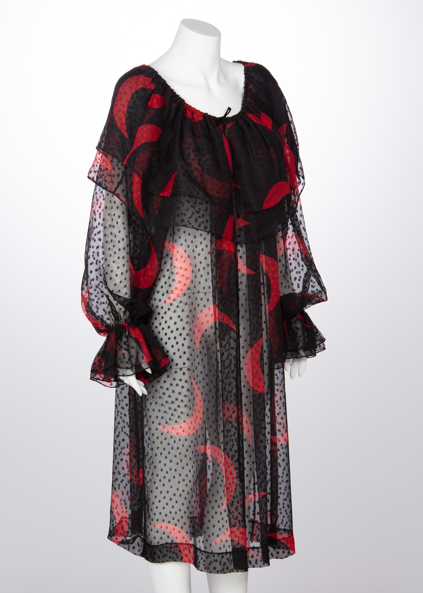 1970s Yves Saint Laurent Red & Black Crescent Moon Ruffle Peasant Dress  In Excellent Condition In Boca Raton, FL