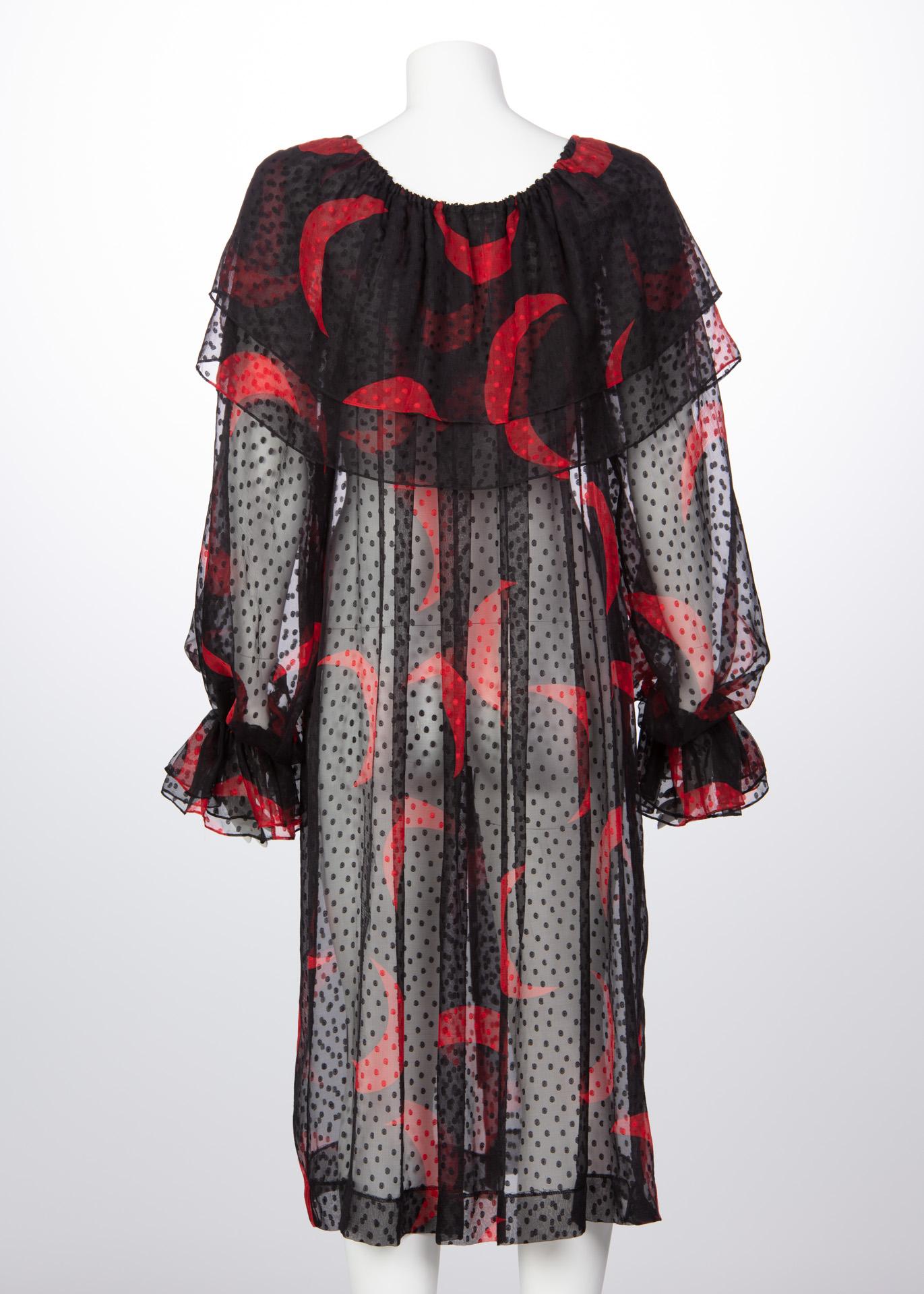 1970s Yves Saint Laurent Red & Black Crescent Moon Ruffle Peasant Dress  1