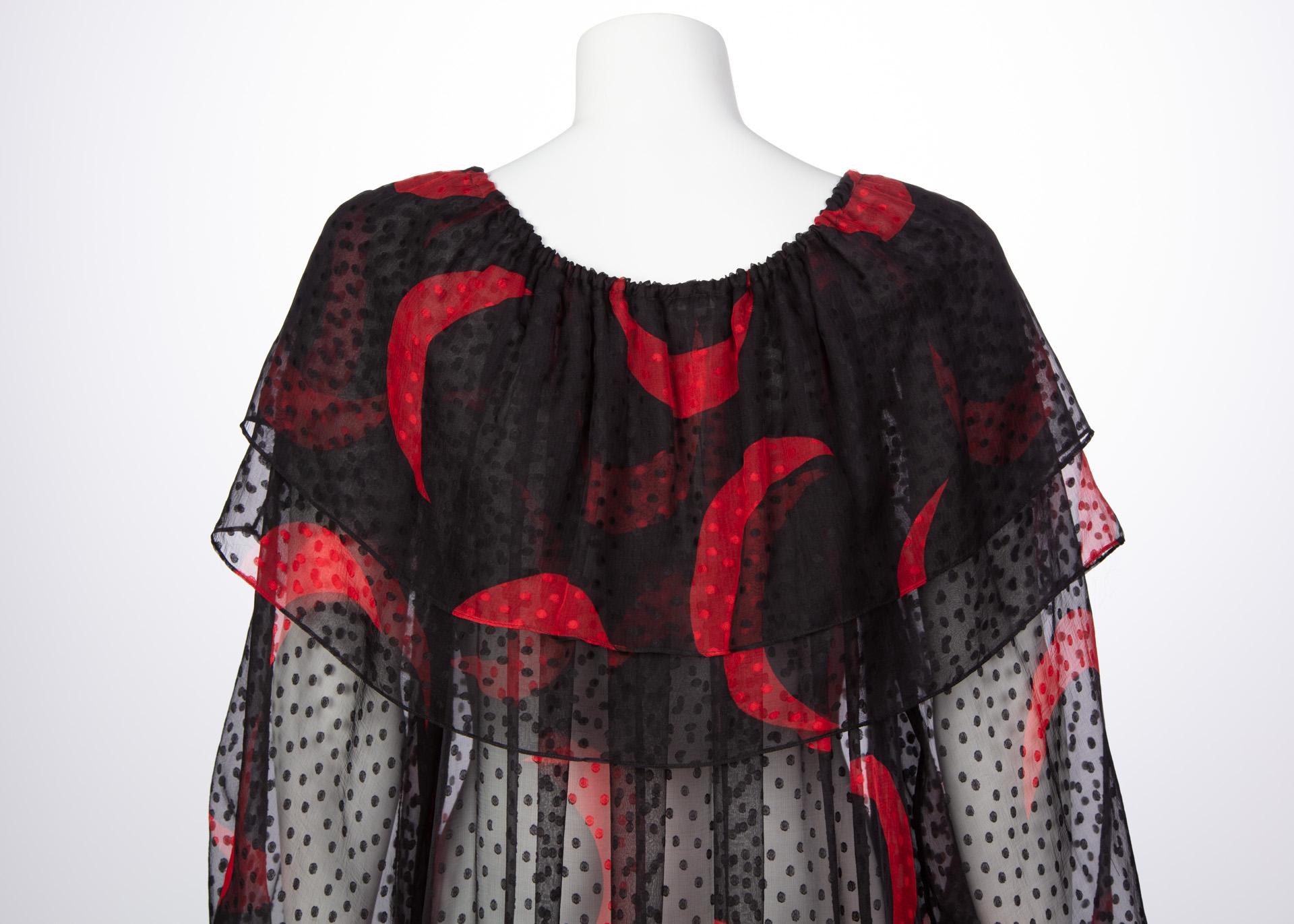 1970s Yves Saint Laurent Red & Black Crescent Moon Ruffle Peasant Dress  3