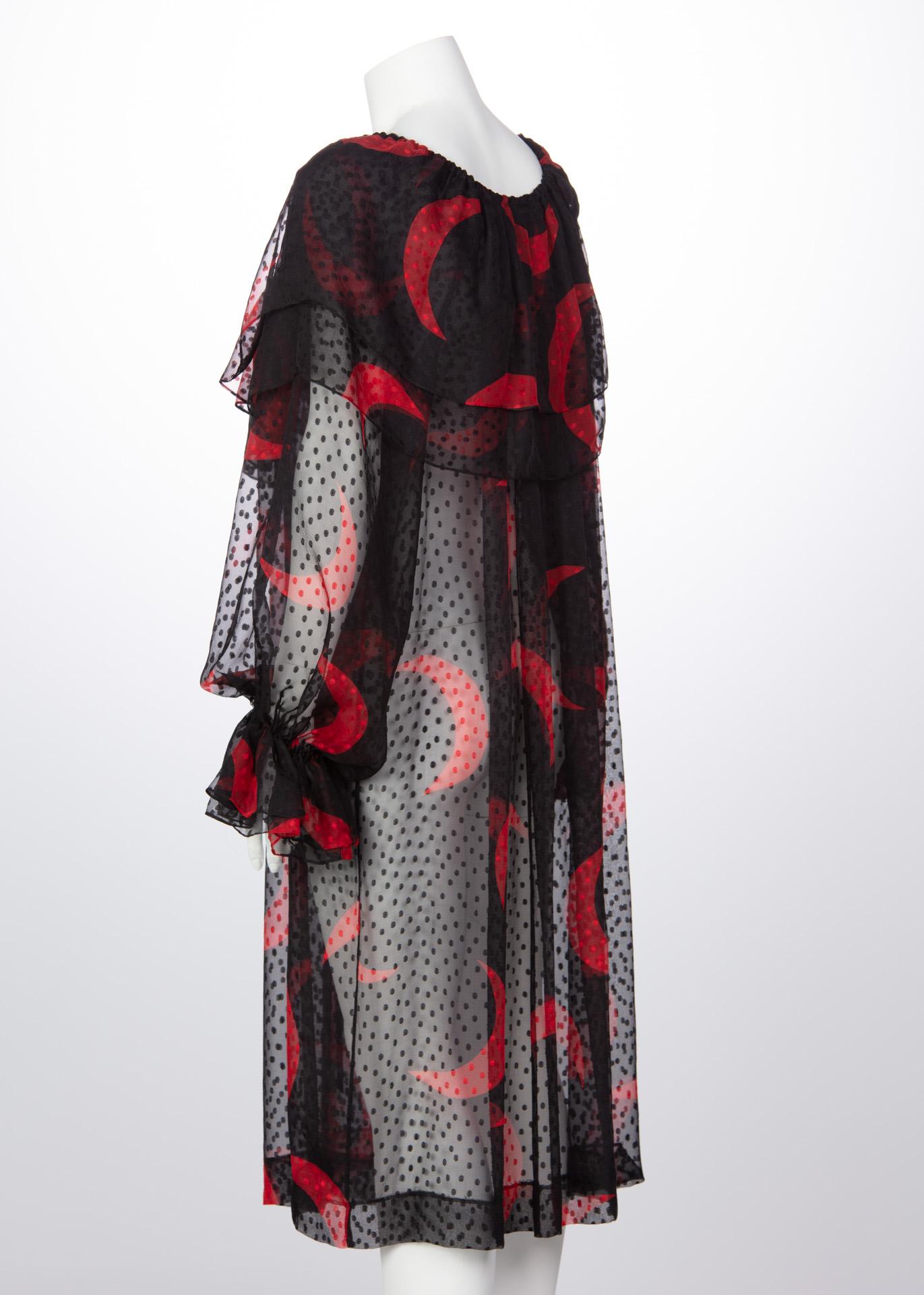 Women's 1970s Yves Saint Laurent Red & Black Crescent Moon Ruffle Peasant Dress 