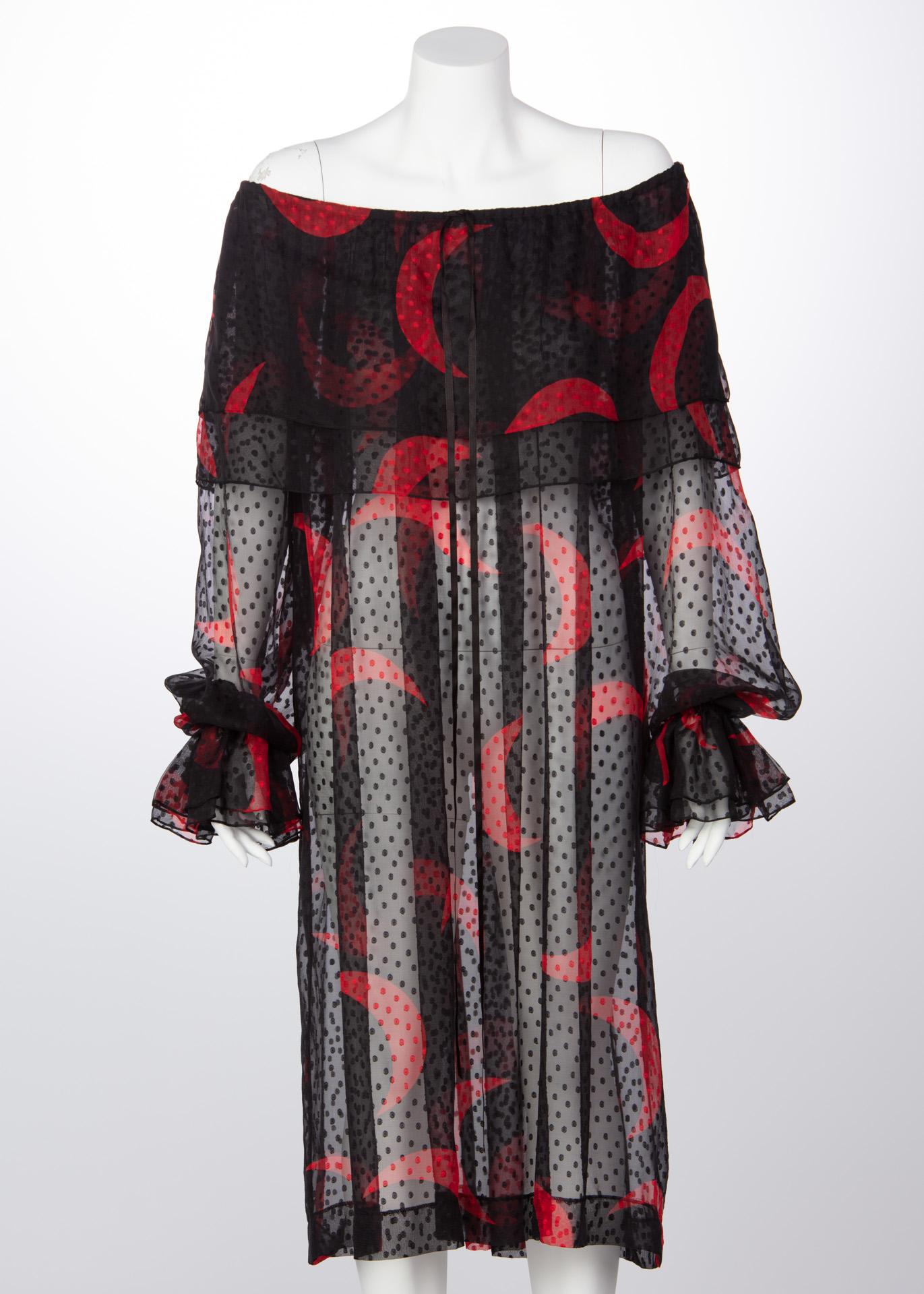 1970s Yves Saint Laurent Red & Black Crescent Moon Ruffle Peasant Dress  6