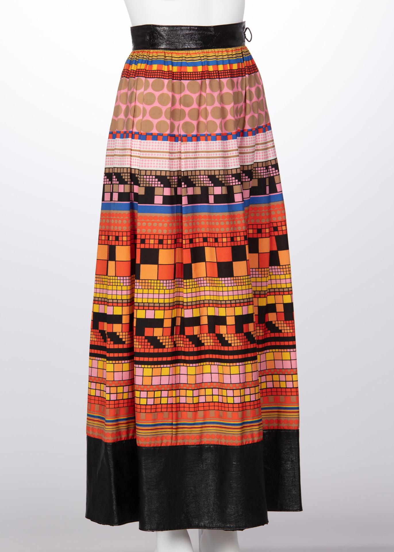 Orange 1970s Lanvin Multicolored Geometric Print Leather Trim Maxi Skirt