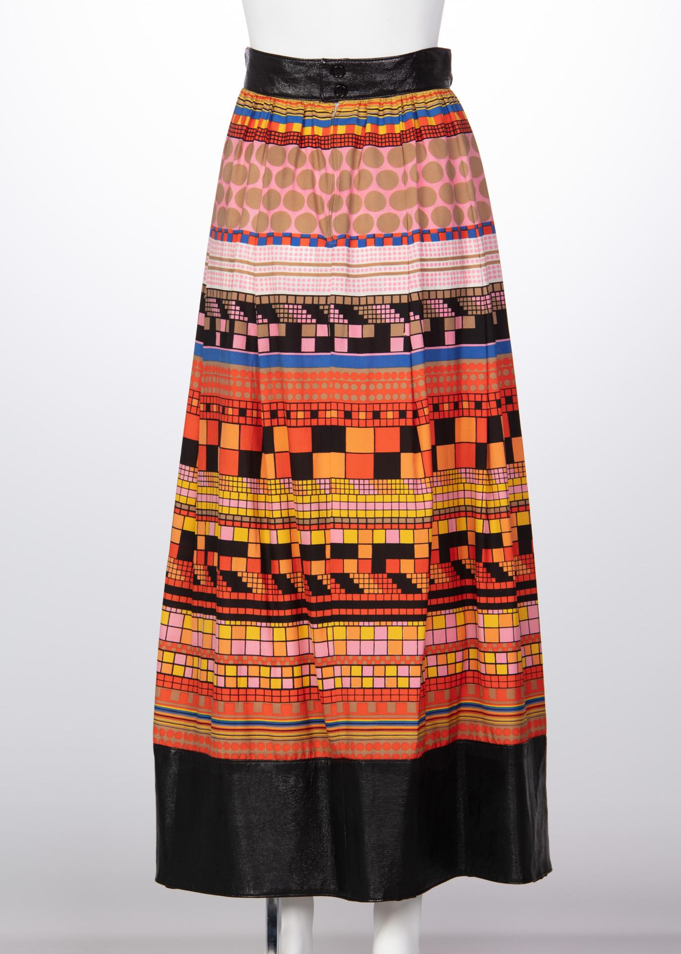 Women's 1970s Lanvin Multicolored Geometric Print Leather Trim Maxi Skirt