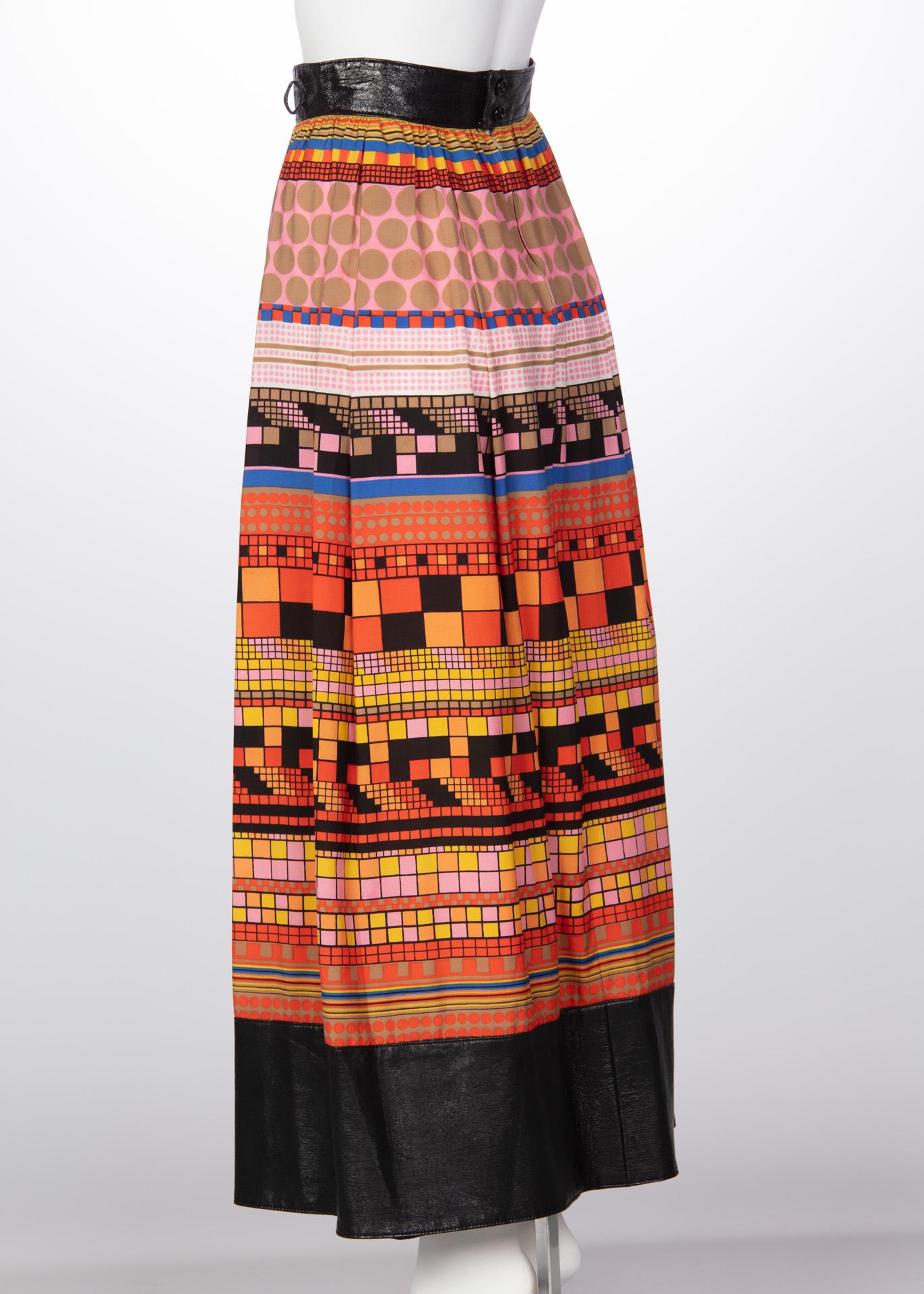1970s Lanvin Multicolored Geometric Print Leather Trim Maxi Skirt In Good Condition In Boca Raton, FL