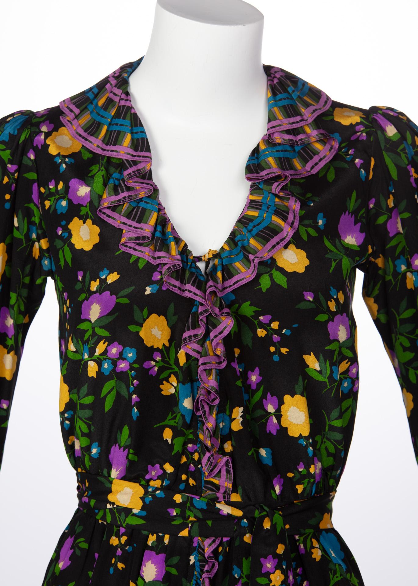 1970 Yves Saint Laurent Black Multicolored Silk Floral Peasant Dress 2