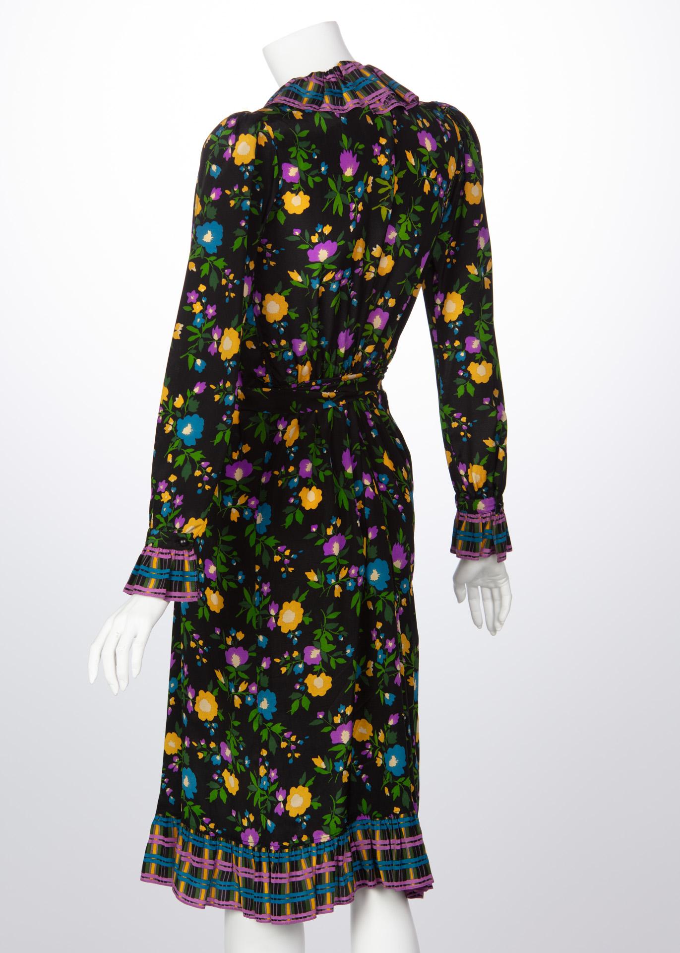 1970 Yves Saint Laurent Black Multicolored Silk Floral Peasant Dress 1