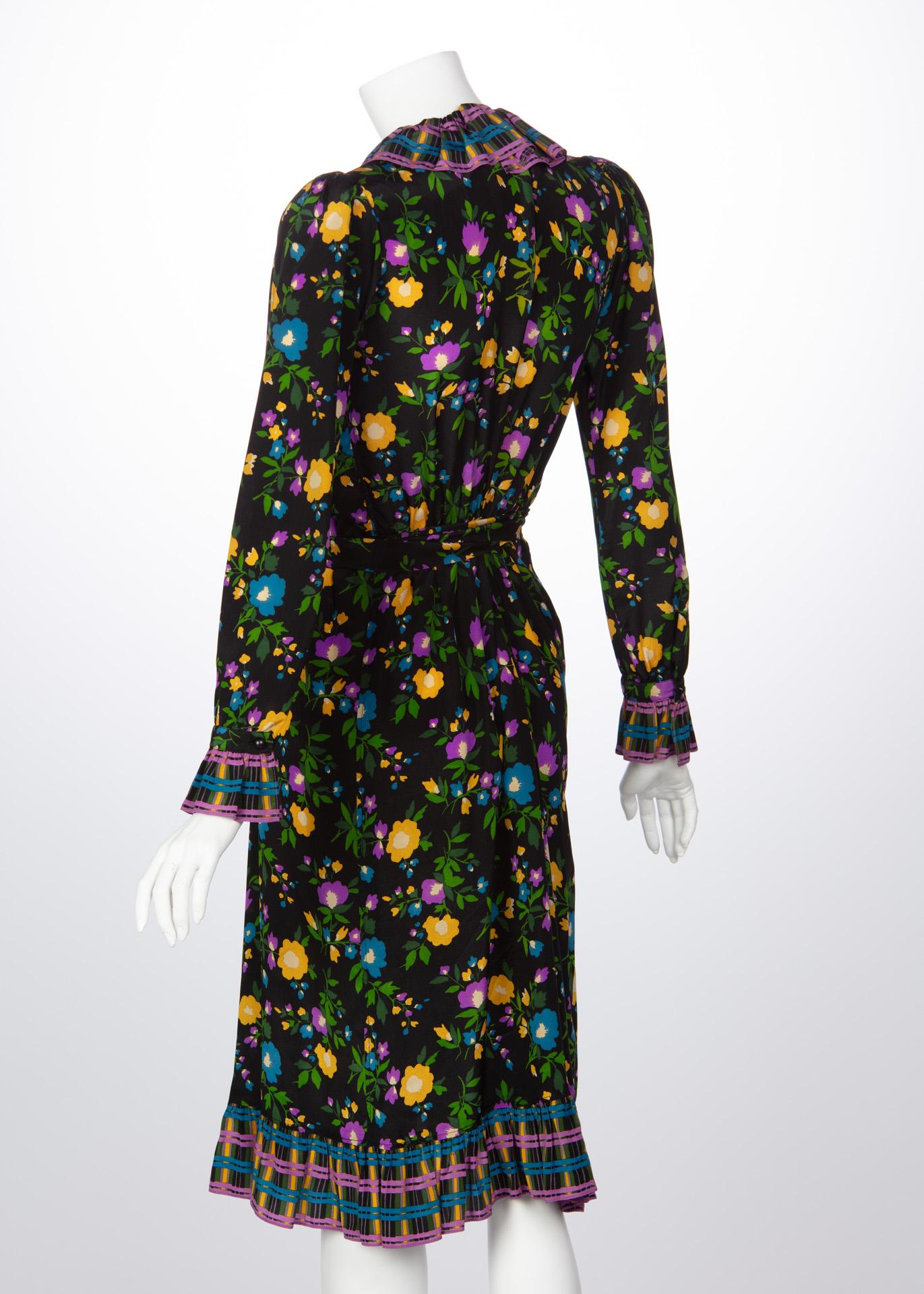 1970 Yves Saint Laurent Black Multicolored Silk Floral Peasant Dress 6