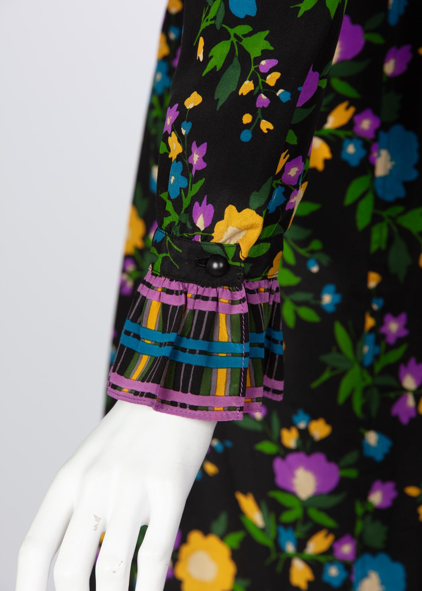 1970 Yves Saint Laurent Black Multicolored Silk Floral Peasant Dress 3
