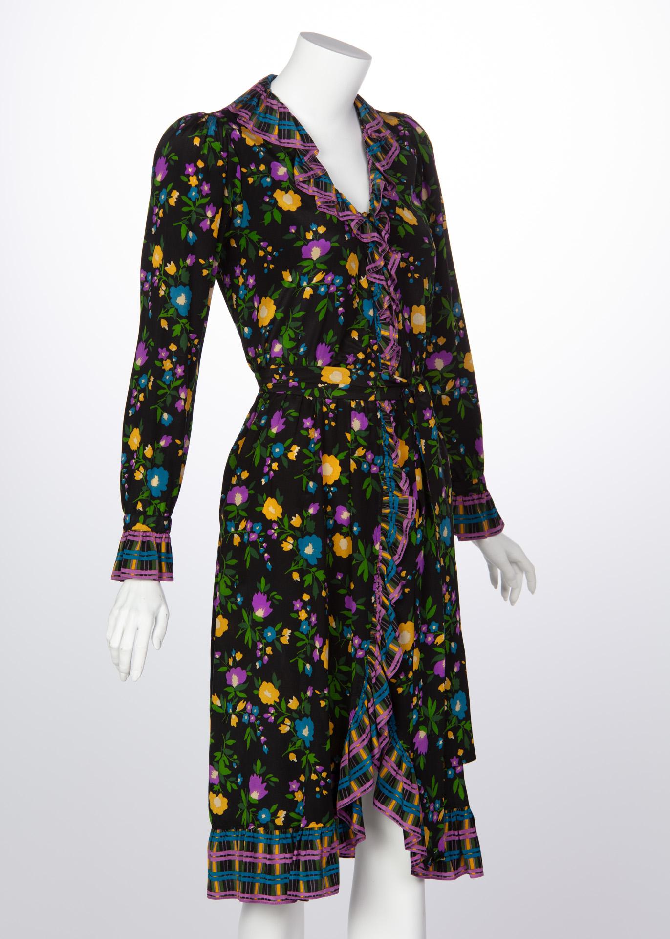 1970 Yves Saint Laurent Black Multicolored Silk Floral Peasant Dress In Excellent Condition In Boca Raton, FL