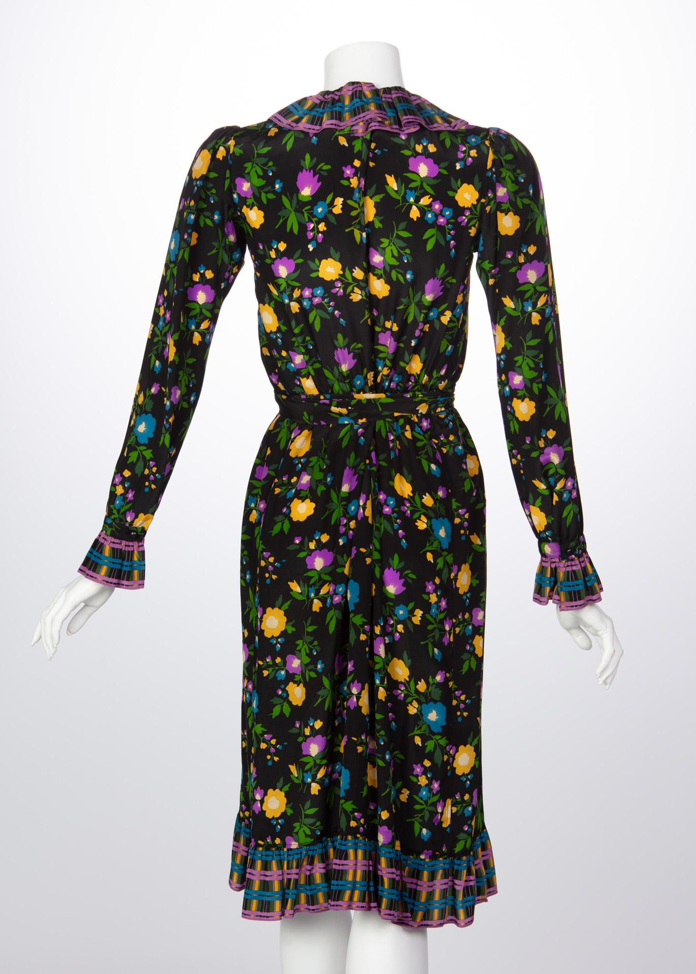 Women's 1970 Yves Saint Laurent Black Multicolored Silk Floral Peasant Dress