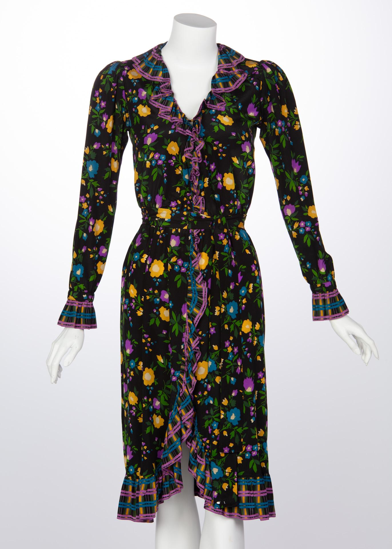 Feminine, fun, and a little flirty, this 1970s peasant dress superbly captures the stylish, vintage mystique of the decade. Saint Laurent’s appeal for art made vivid colors and prints strike across his designs in unconventional ways that draw the