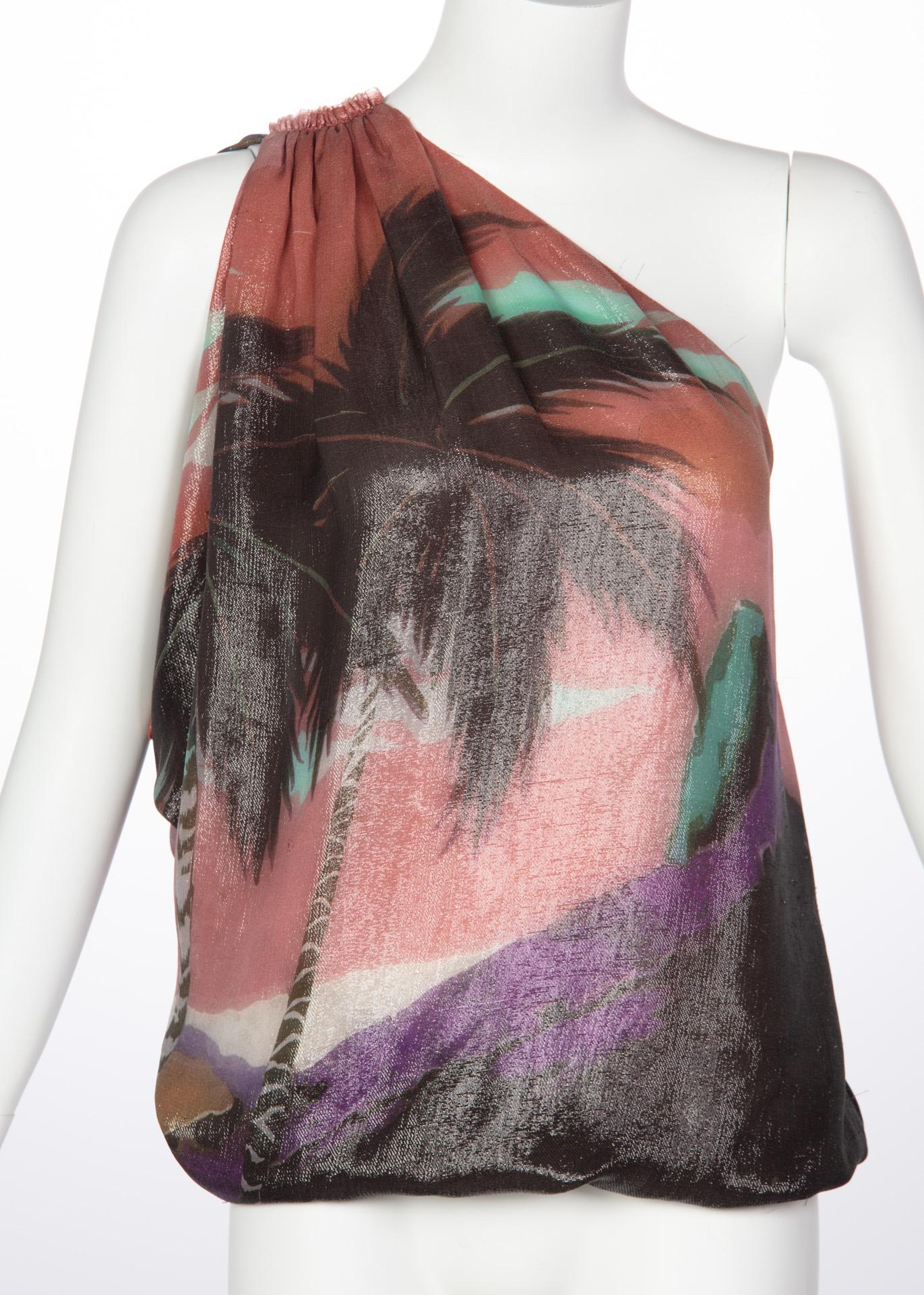 Gray Lanvin Multicolored Silk Palm Tree Single Shoulder Top, Resort 2016