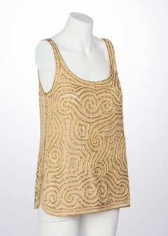 1970s Halston Beaded & Gold Pearl Organza Sleeveless Tunic Top