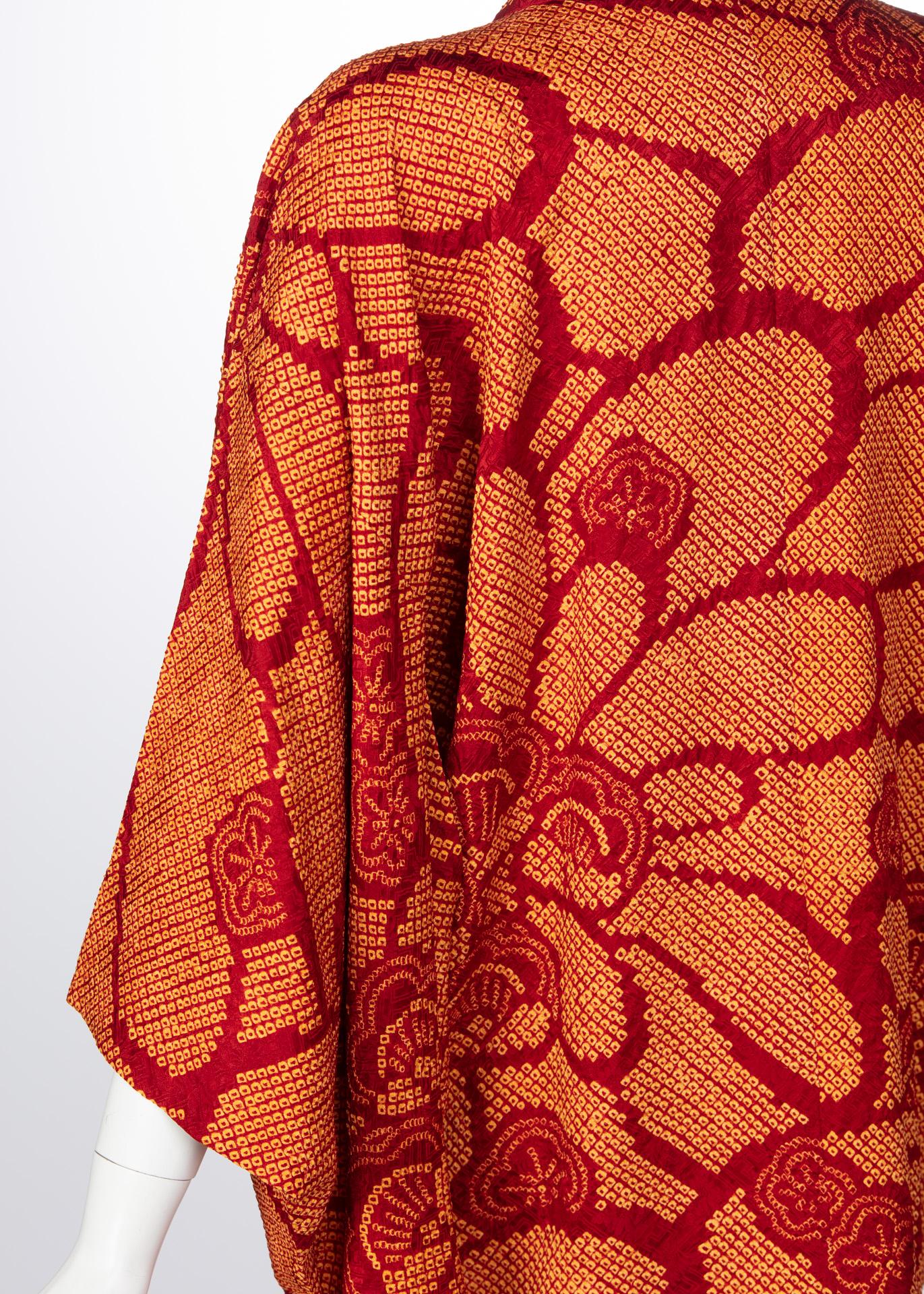  Vintage Silk Shibori Garnet Red Orange Floral Japanese Kimono Jacket Top 1