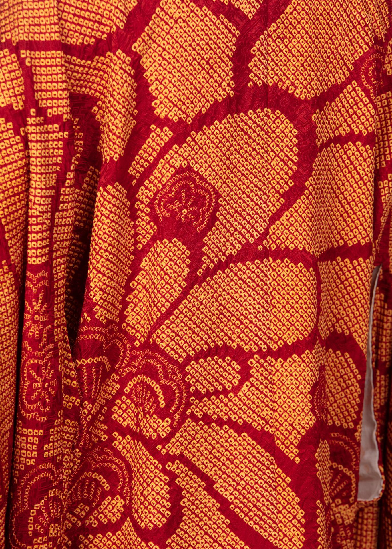  Vintage Silk Shibori Garnet Red Orange Floral Japanese Kimono Jacket Top 2