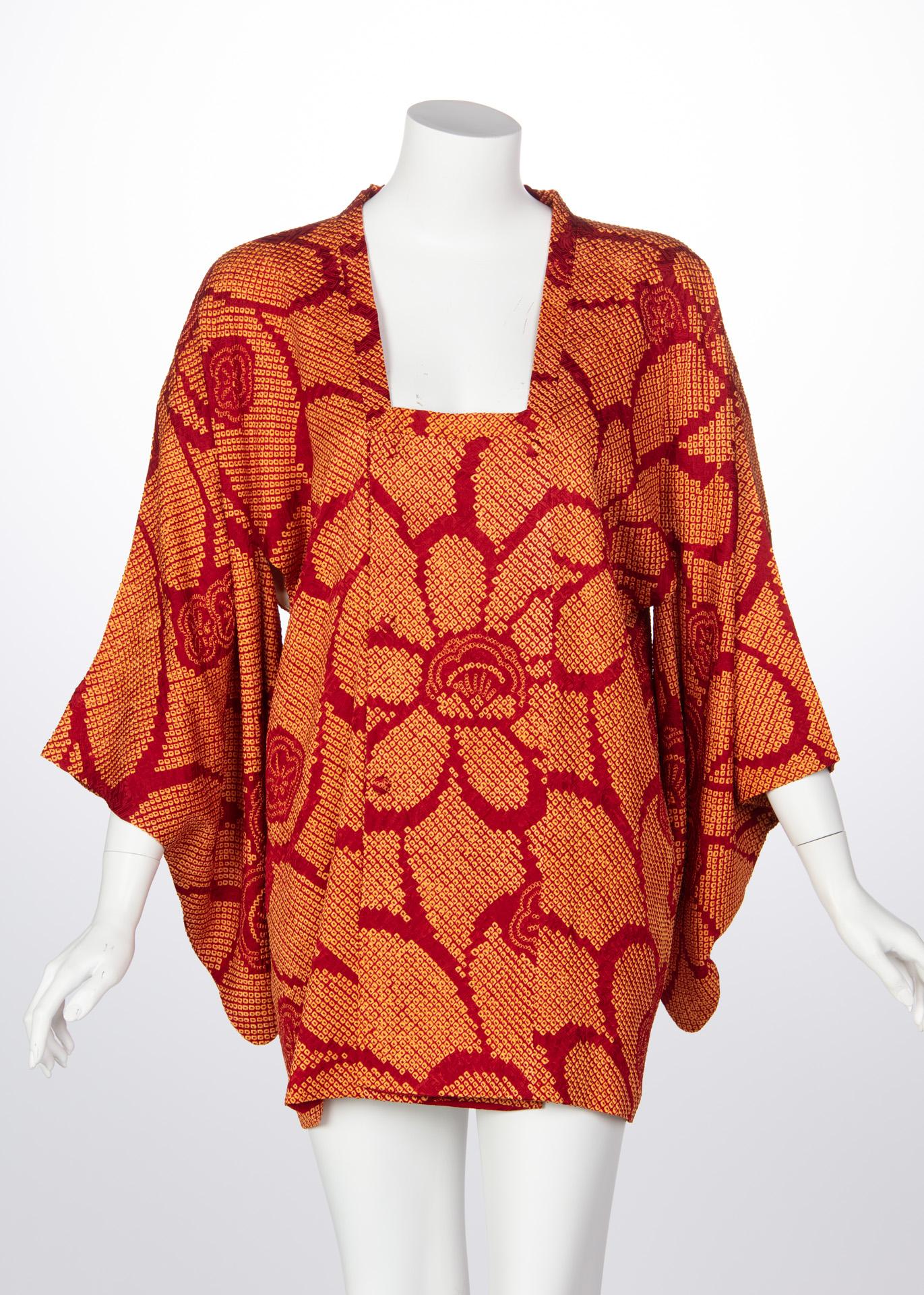  Vintage Silk Shibori Garnet Red Orange Floral Japanese Kimono Jacket Top 4