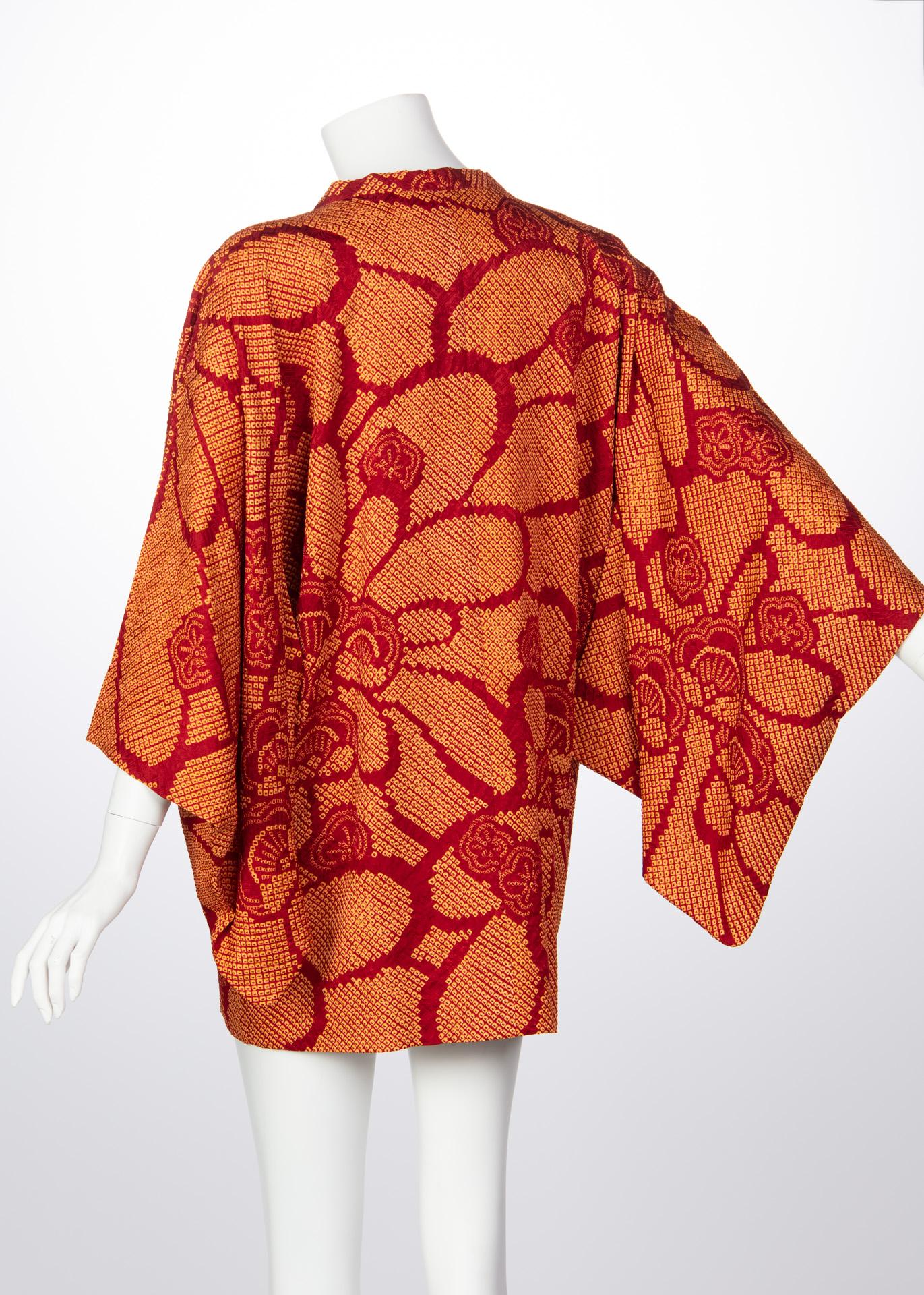  Vintage Silk Shibori Garnet Red Orange Floral Japanese Kimono Jacket Top 5