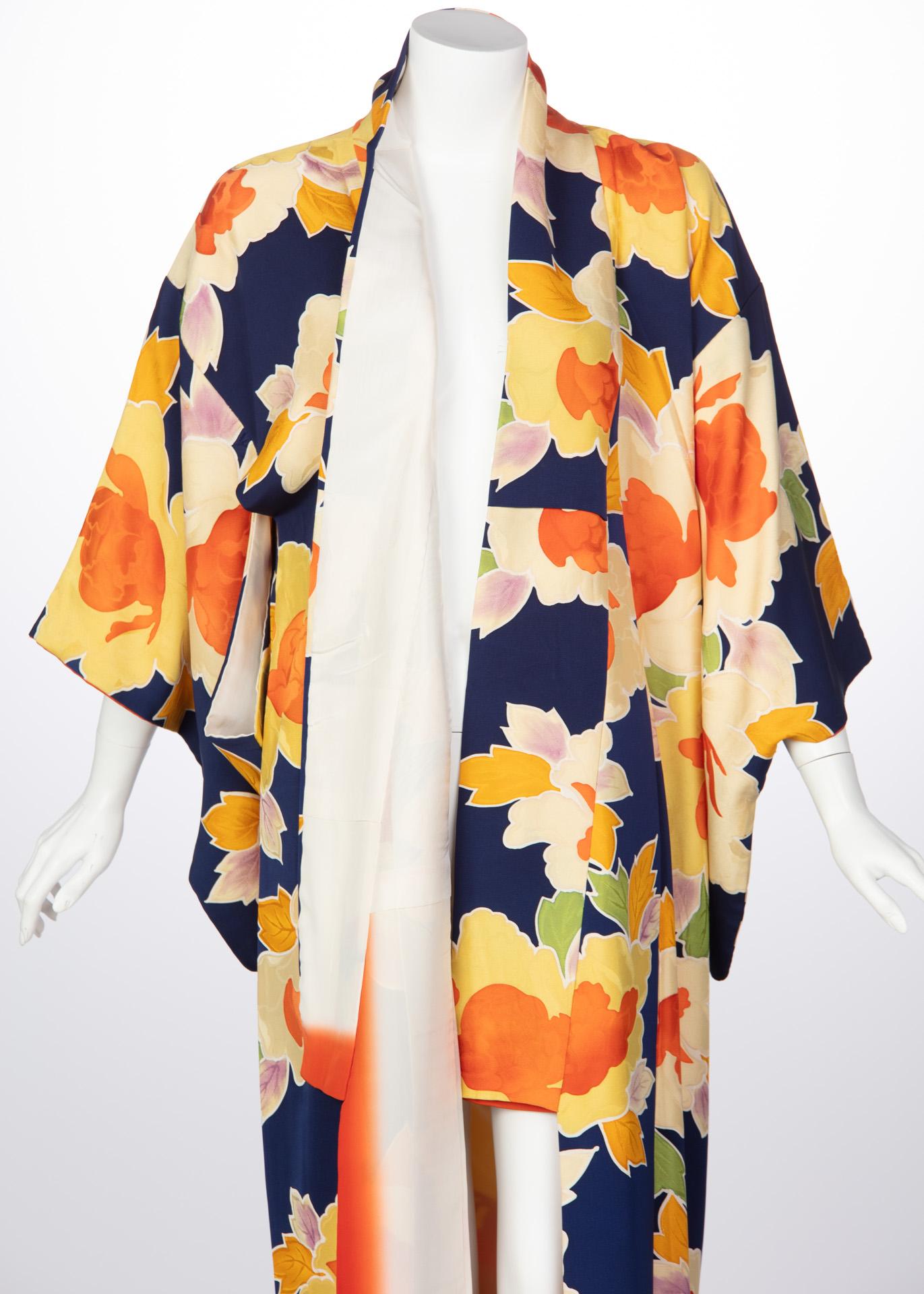 Vintage Japanese Silk Multicolored Floral Maxi Kimono 2