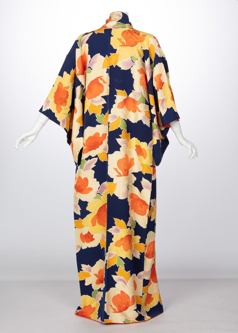 50’s Silk Bright Blue Maxi Kimono Japanese main image 0