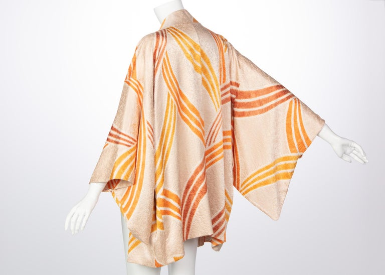 Vintage Silk Cream and Gold Shibori Bamboo Print Reversible Kimono ...