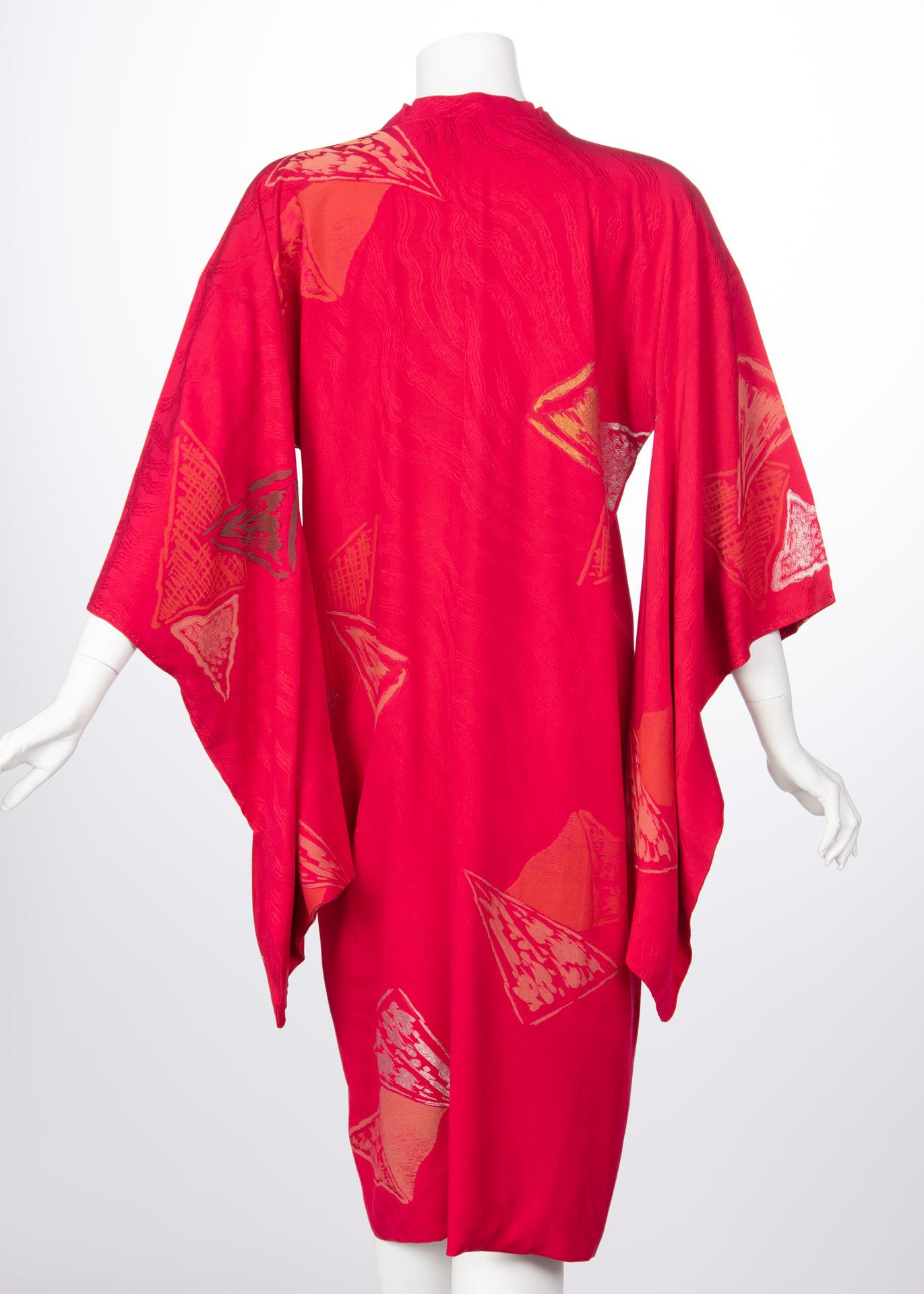 Red Vintage Japanese Silk Magenta Metallic Michiyuki Kimono Jacket Dress