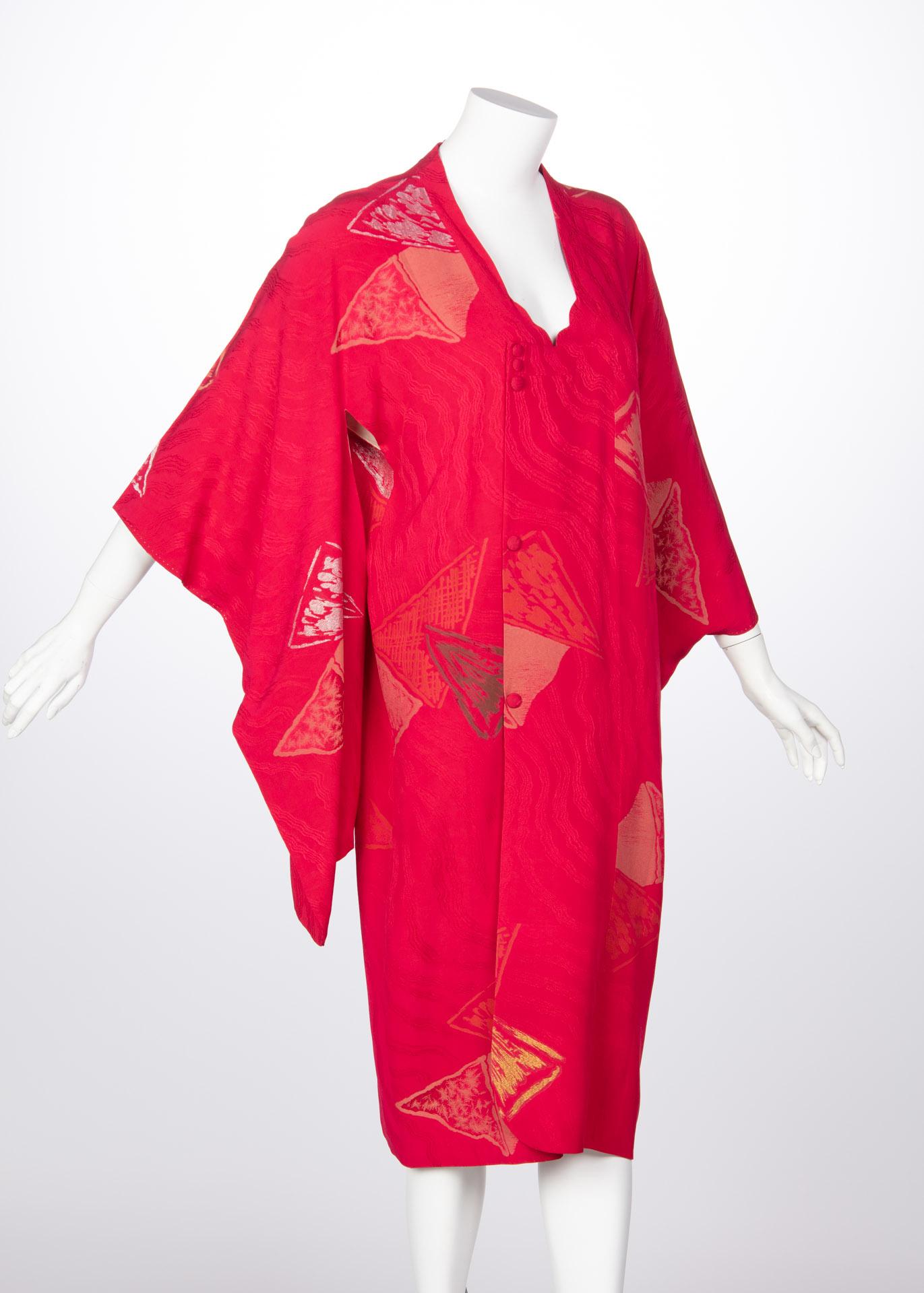 Women's Vintage Japanese Silk Magenta Metallic Michiyuki Kimono Jacket Dress