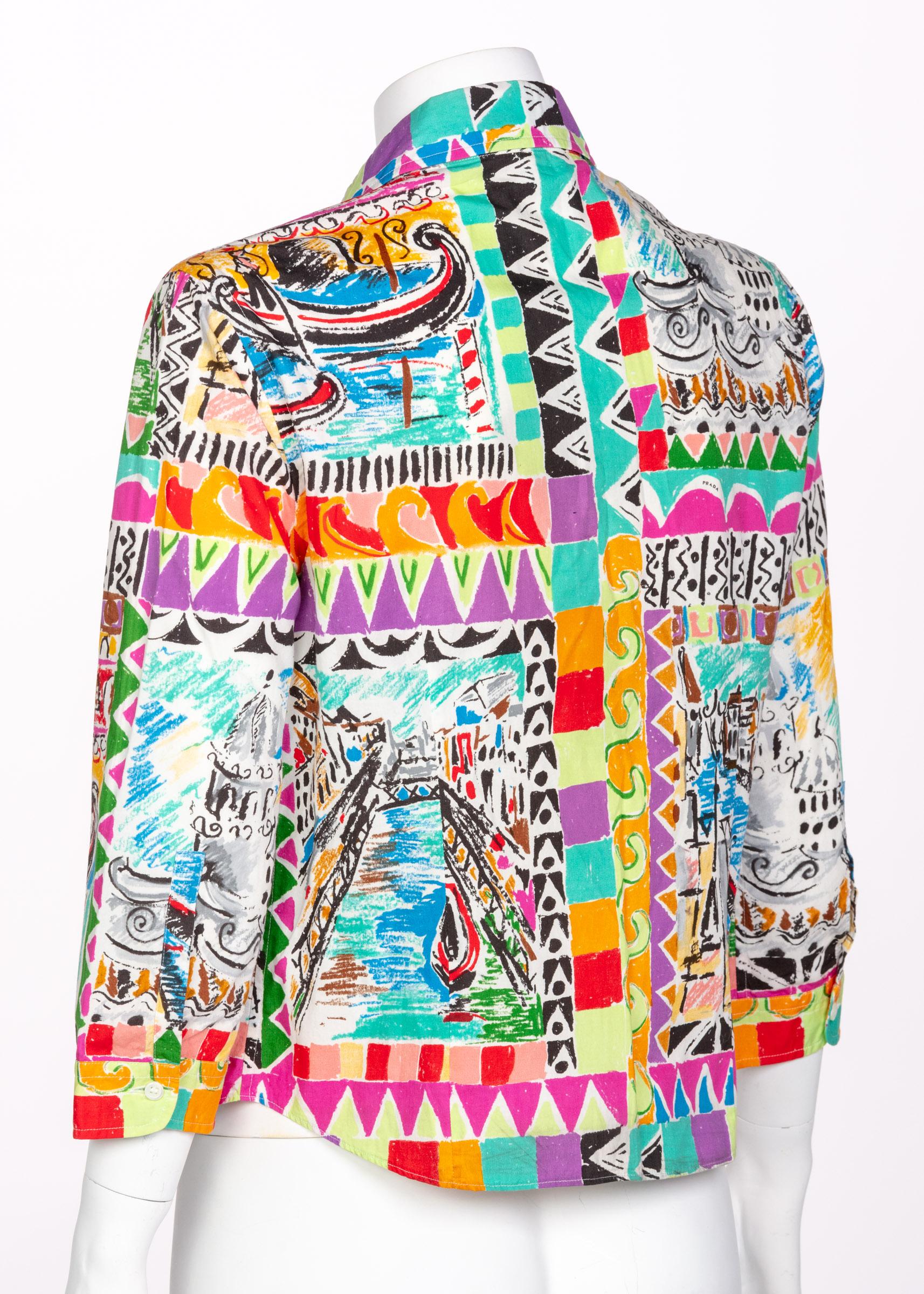 Prada Postcard Multicolored Print Cotton Blouse Top, Spring 2004 In New Condition In Boca Raton, FL