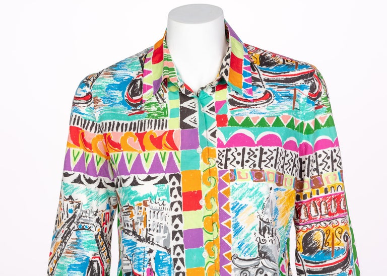 Prada Postcard Multicolored Print Cotton Blouse Top, Spring 2004 For Sale  at 1stDibs