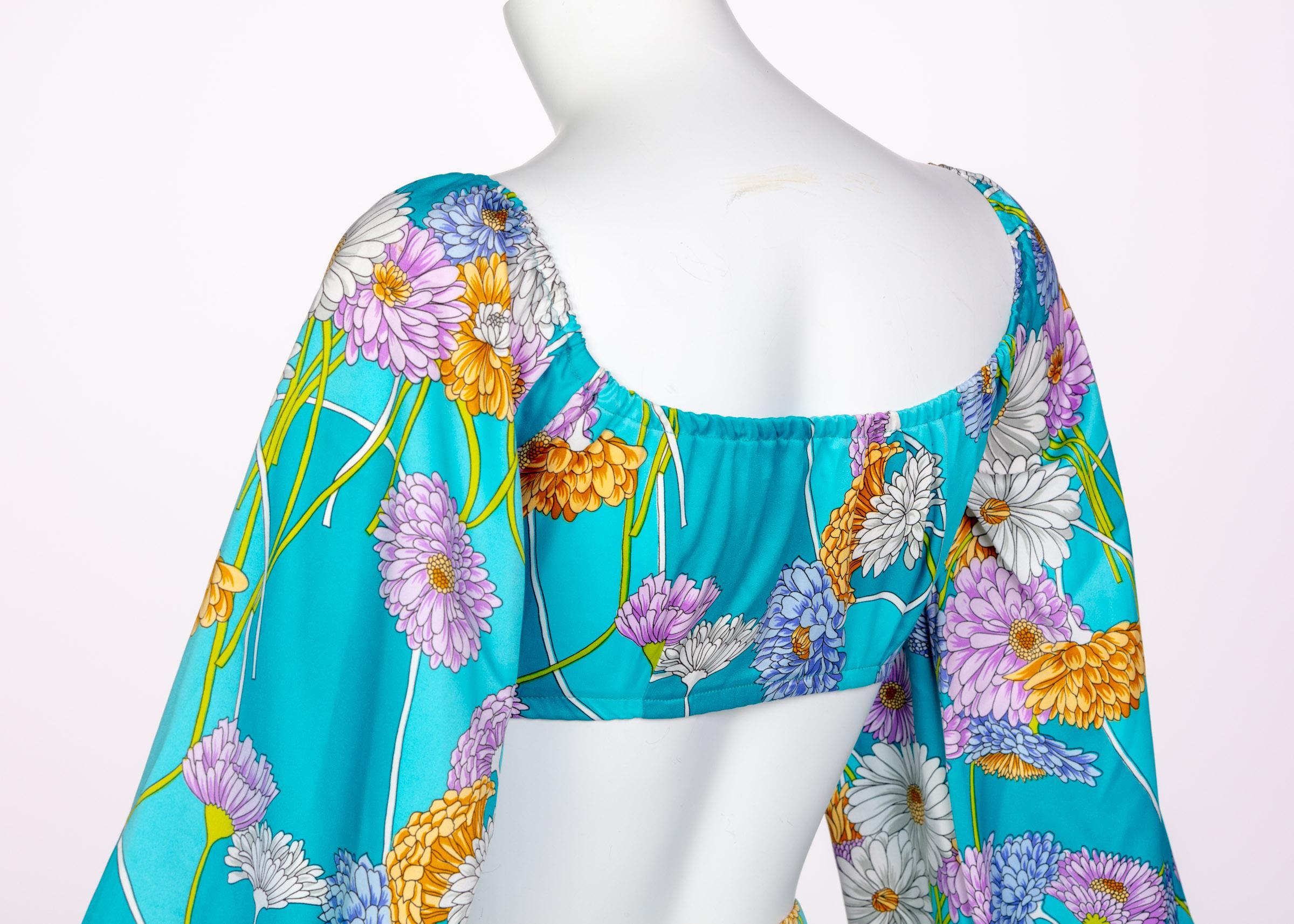 1970s Turquoise Floral Cropped Blouse Palazzo Pant Ensemble  2