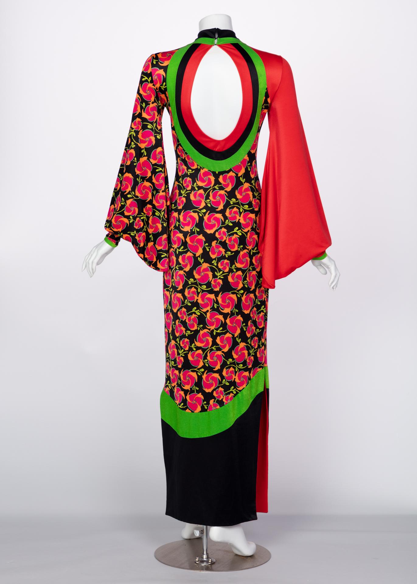 Giorgio di Sant'Angelo Floral Color Block Cut-Out Back Maxi Dress, 1970s  In Good Condition In Boca Raton, FL