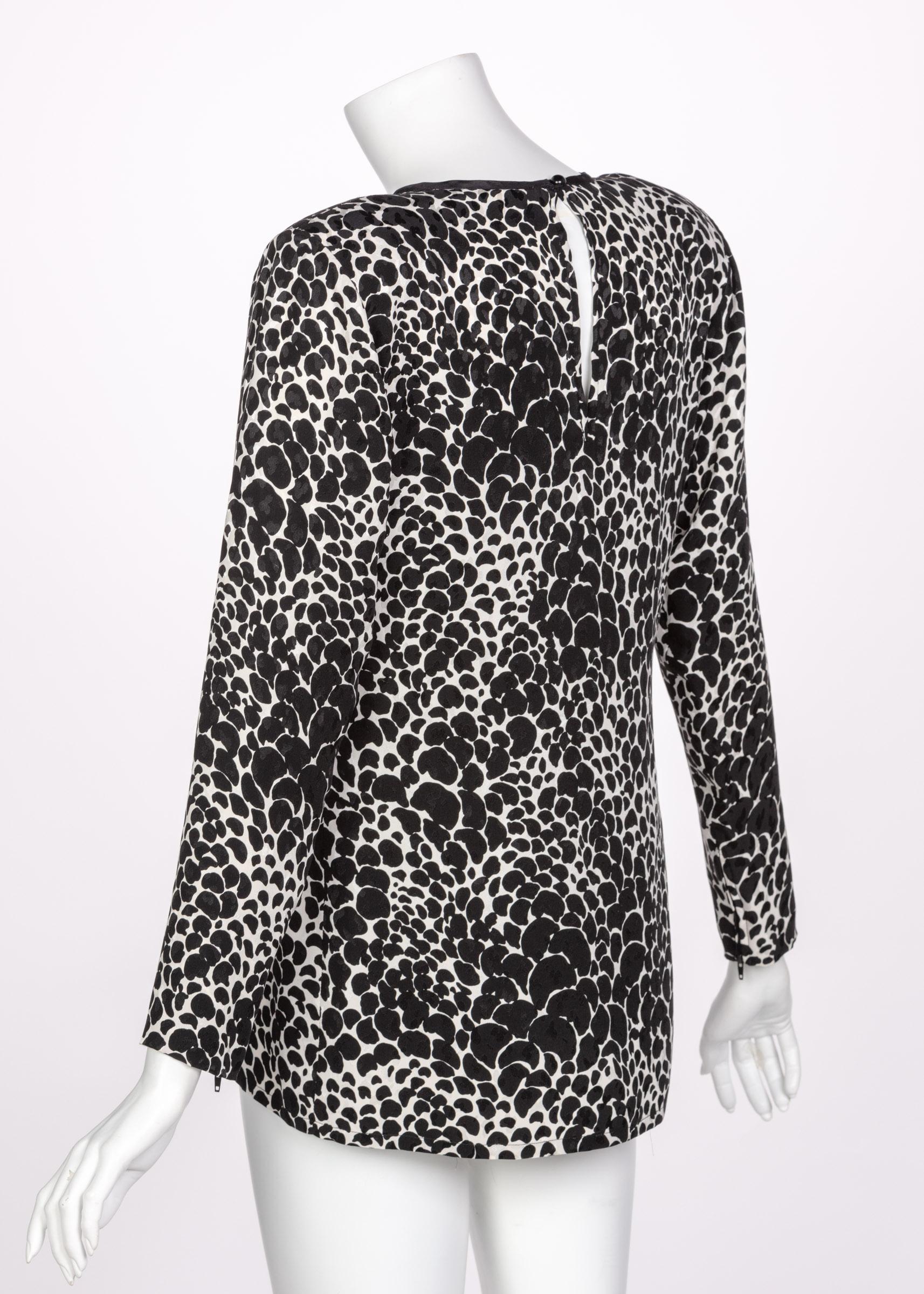 Women's Yves Saint Laurent YSL Black White Silk Print Blouse Top, 1970s For Sale