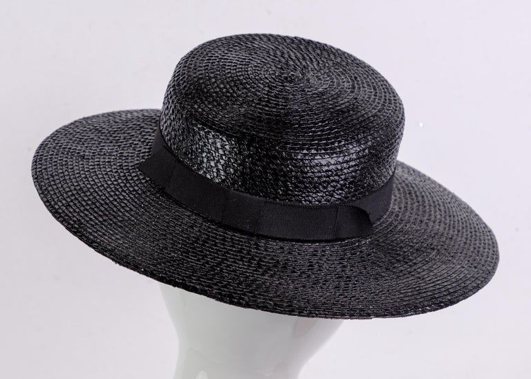Yves Saint Laurent YSL Vintage Glossy Black Straw Hat, 1980s For Sale