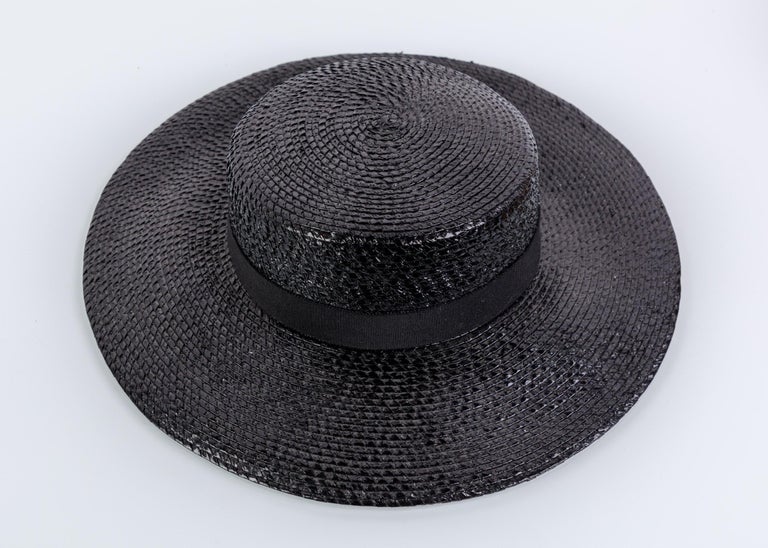 Yves Saint Laurent YSL Vintage Glossy Black Straw Hat, 1980s For Sale