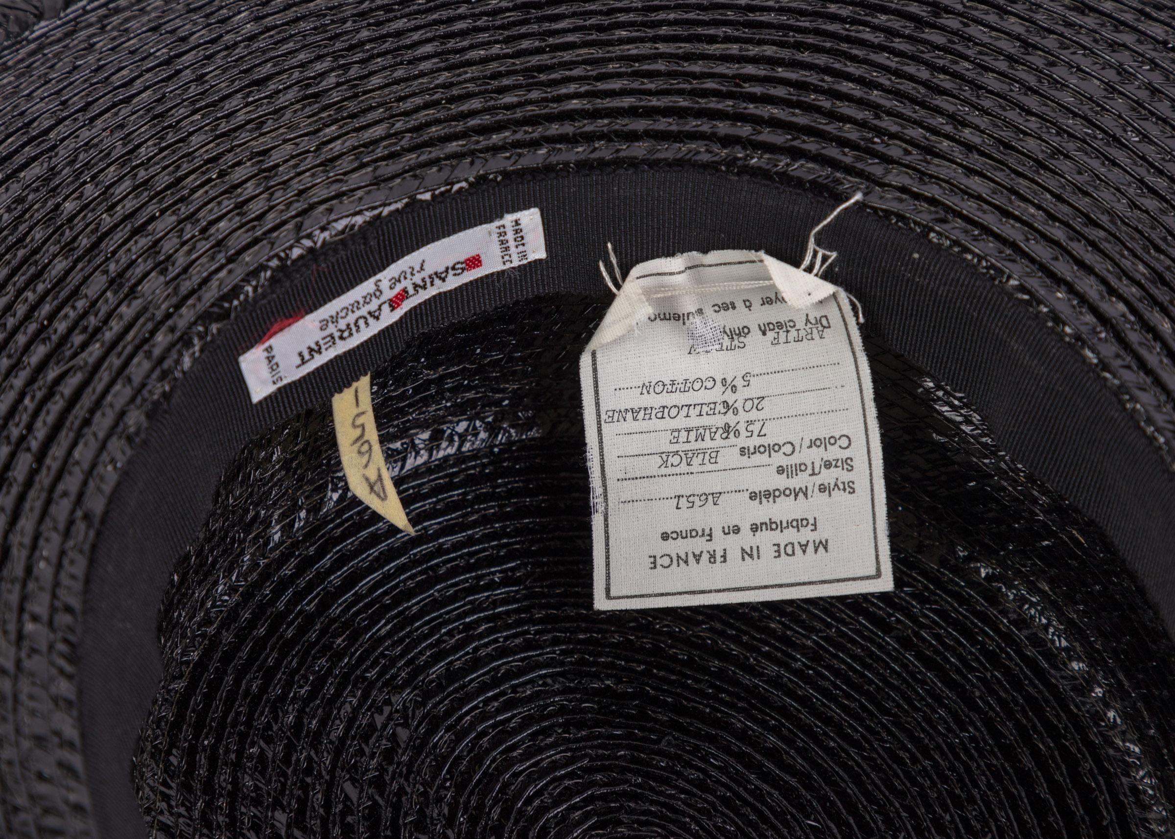 Yves Saint Laurent YSL Vintage Glossy Black Straw Hat, 1980s In Excellent Condition For Sale In Boca Raton, FL