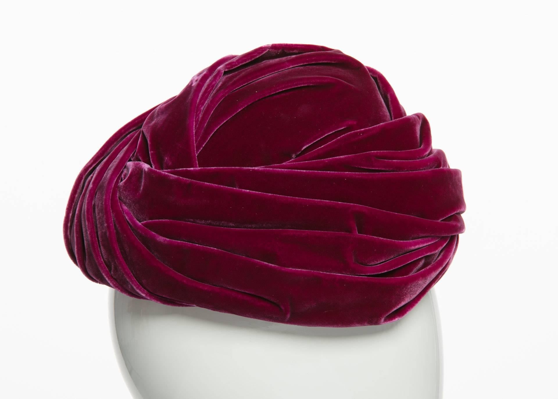 Women's 1930s Hattie Carnegie Original Raspberry Pink Velvet Turban Hat