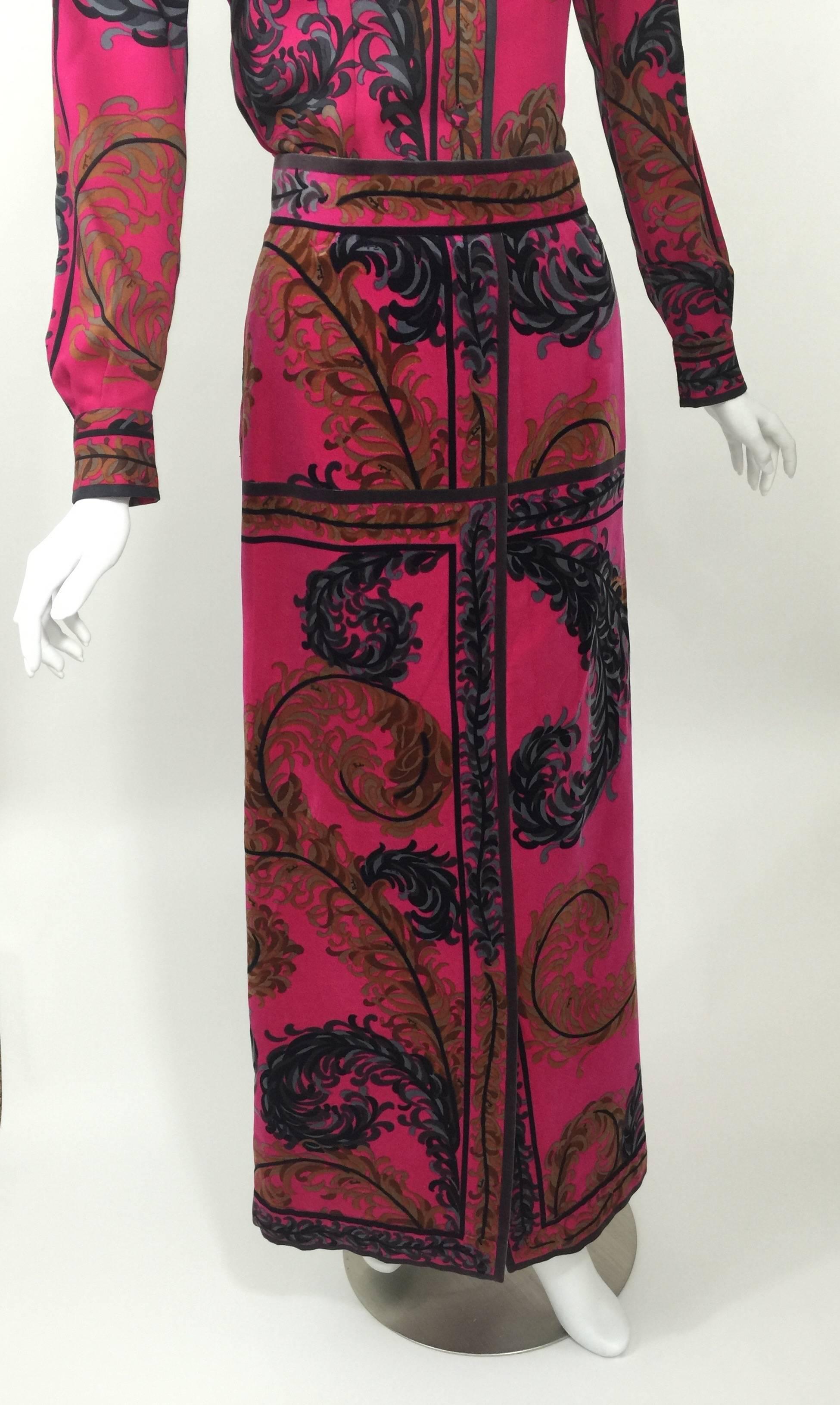 Black Pucci Wool Printed Blouse & Maxi Velvet Skirt Set Rare, 1970s  For Sale