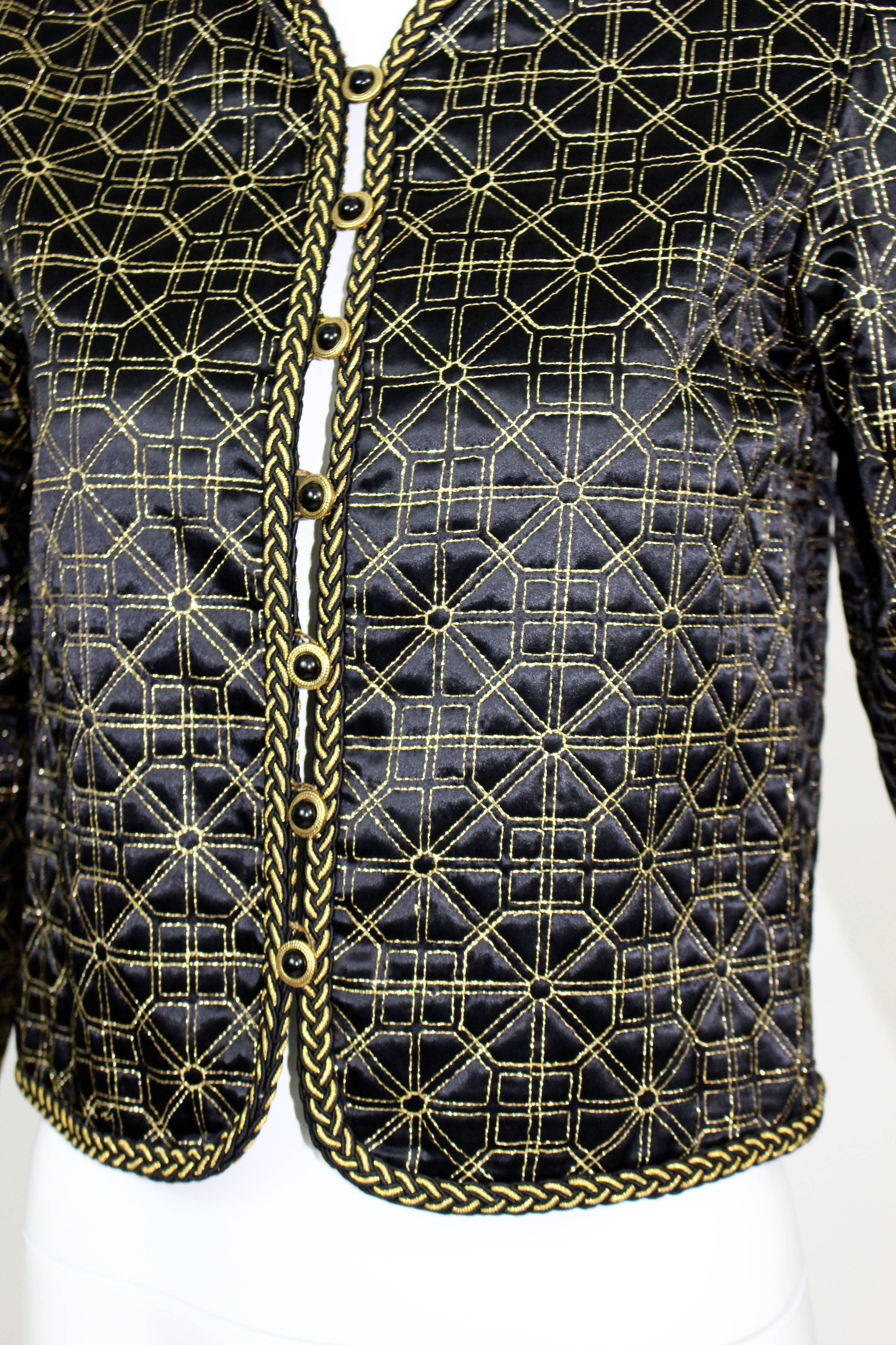  1970s Yves Saint Laurent  Russian Collection Jacket Black Satin Gold Trim 3