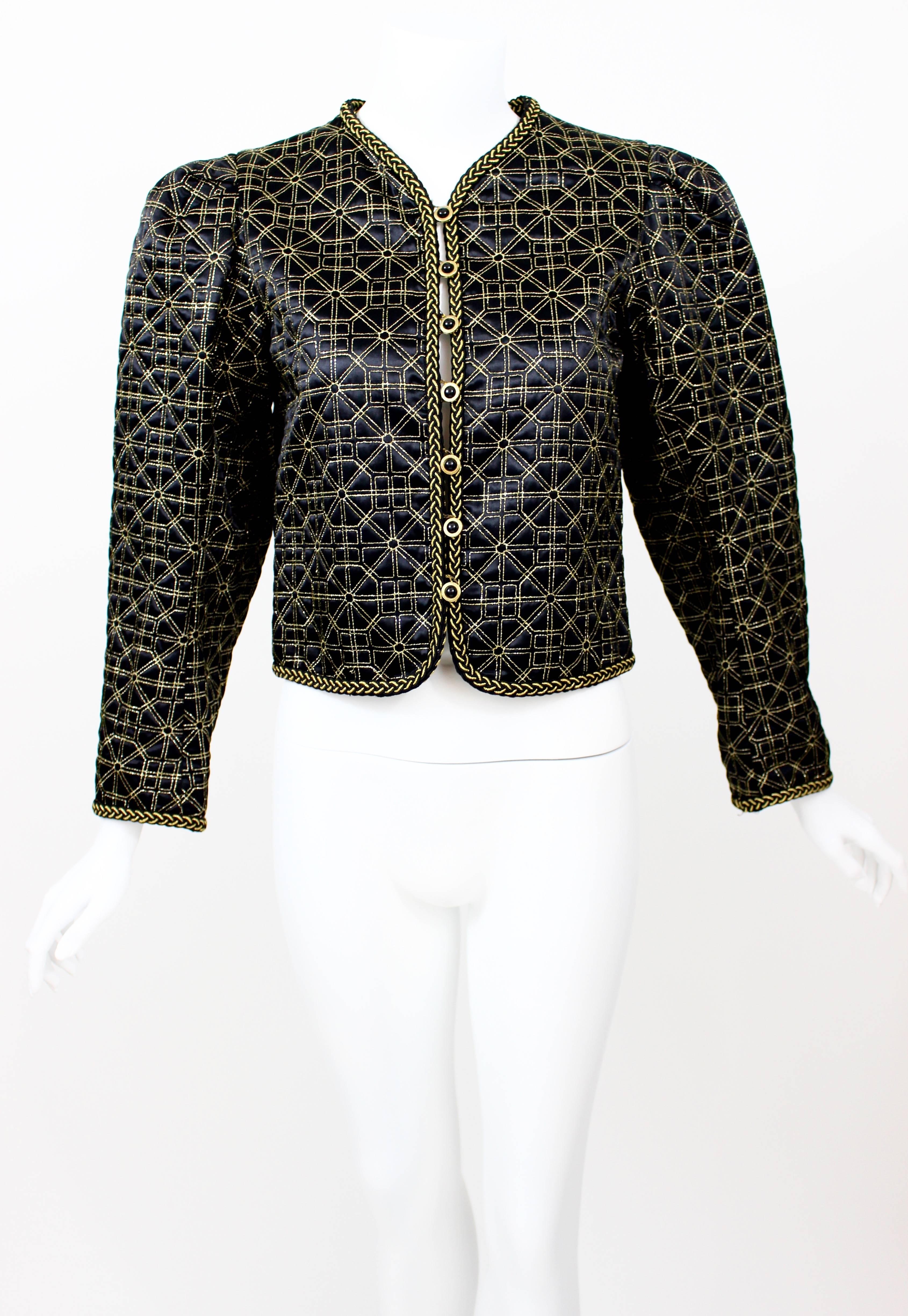  1970s Yves Saint Laurent  Russian Collection Jacket Black Satin Gold Trim In Excellent Condition In Boca Raton, FL