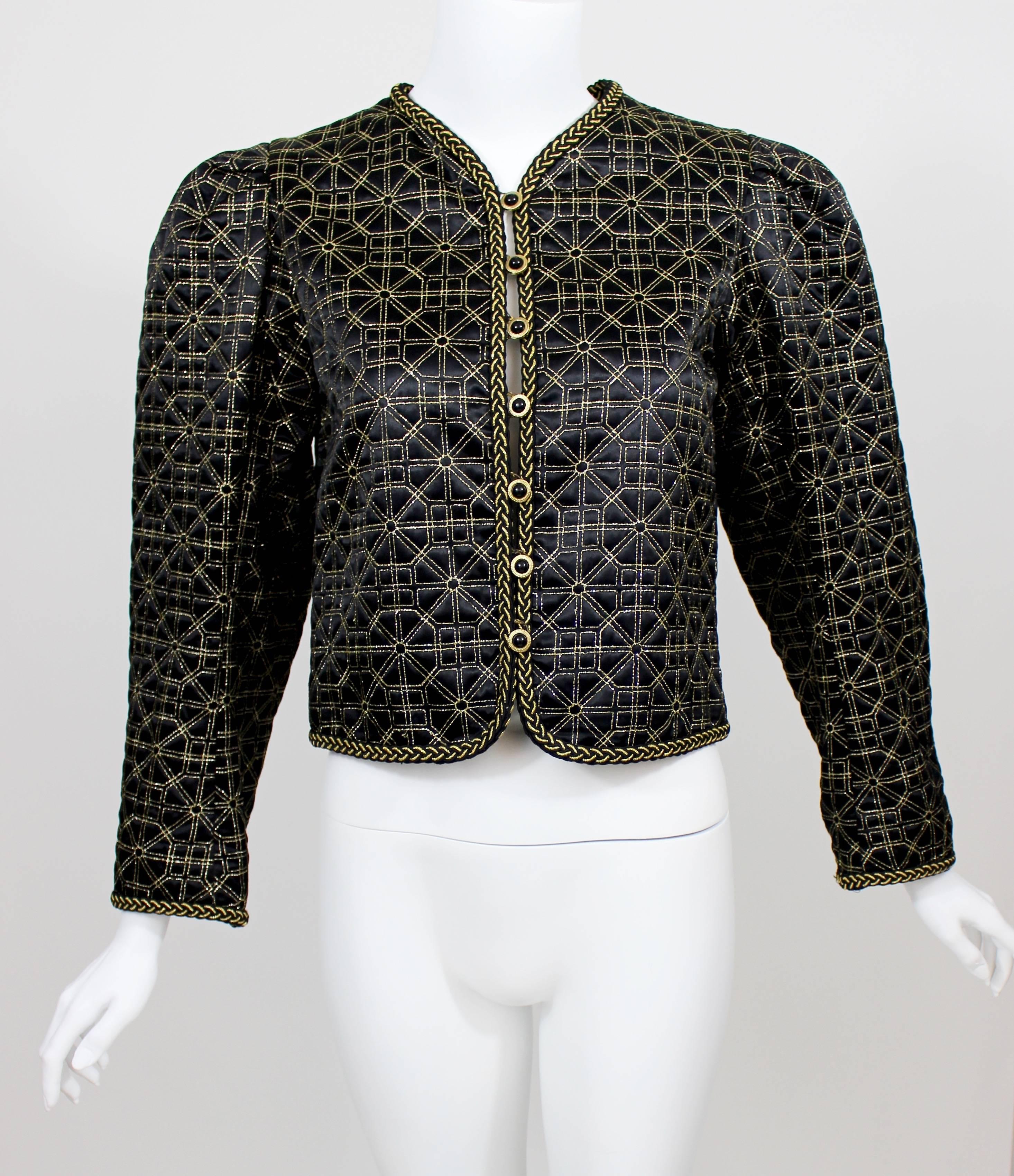 Women's  1970s Yves Saint Laurent  Russian Collection Jacket Black Satin Gold Trim