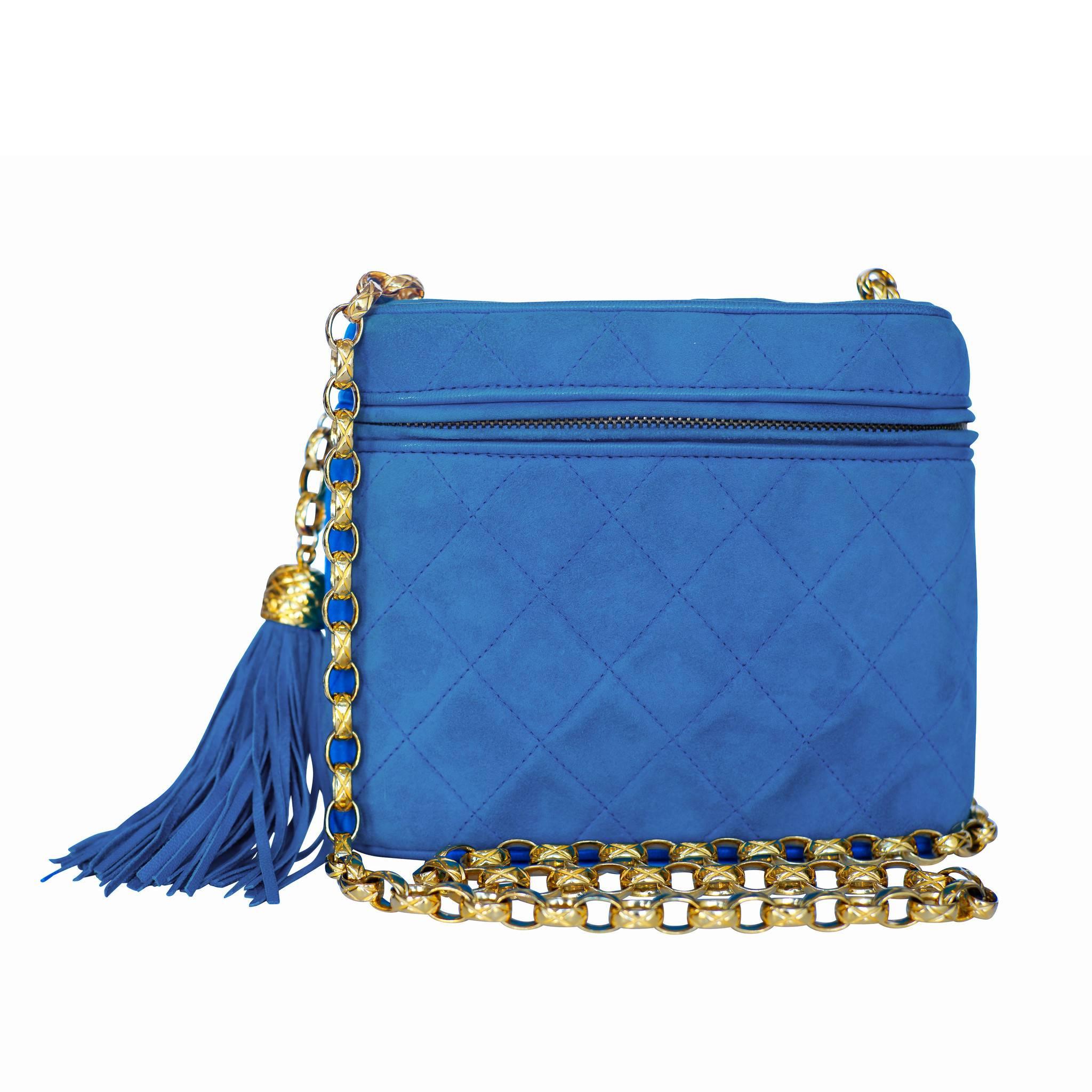 Limited Chanel Blue Suede Shoulder Bag w/ Tassel Zipper  In Good Condition In Los Angeles, CA