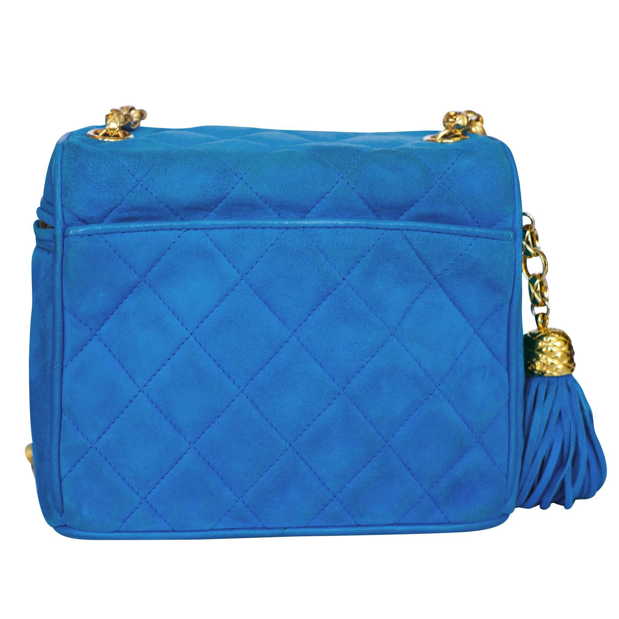 Limited Chanel Blue Suede Shoulder Bag w/ Tassel Zipper  1