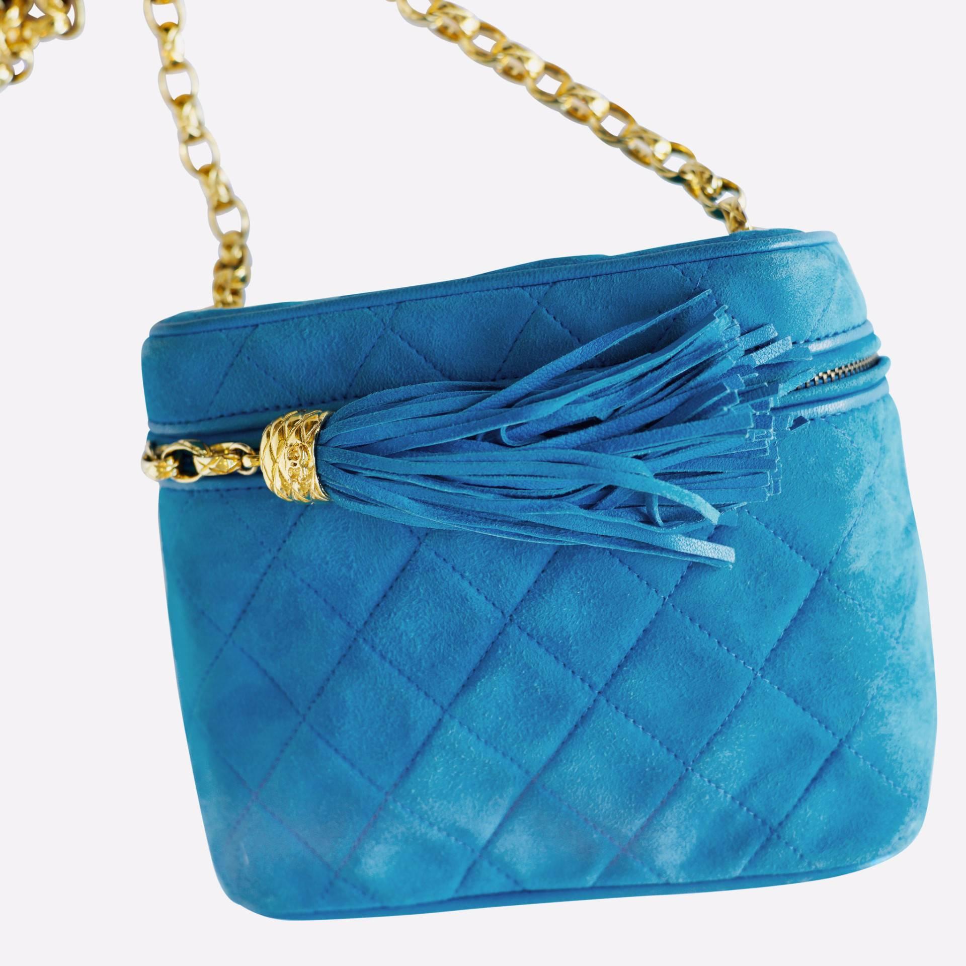 Limited Chanel Blue Suede Shoulder Bag w/ Tassel Zipper  2