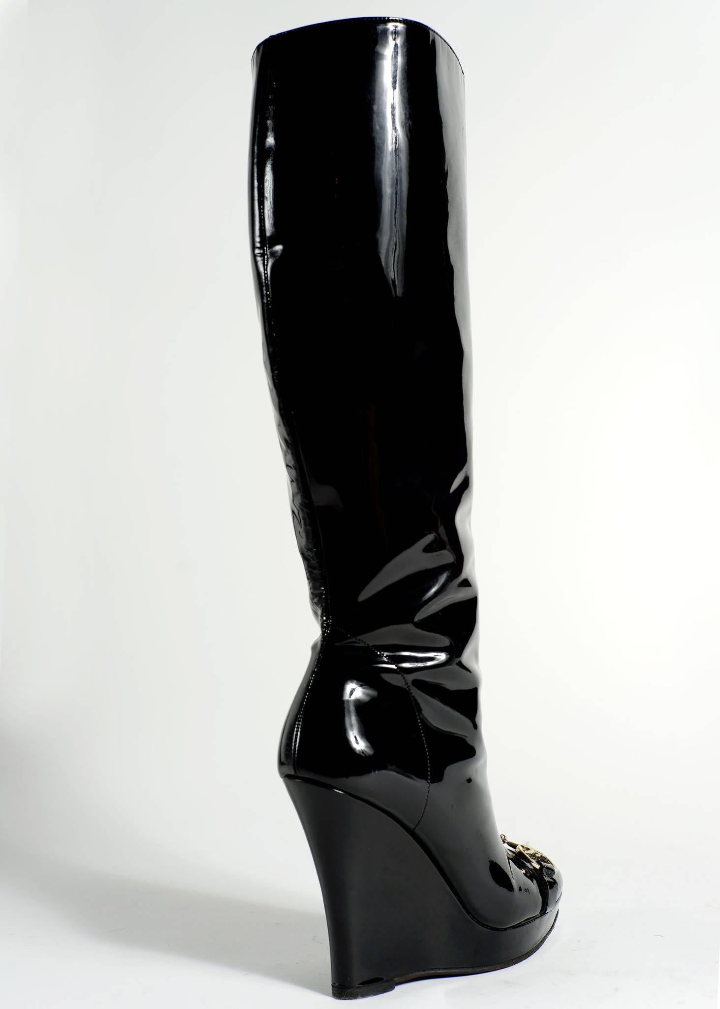 Black Gucci Patent Leather High Wedge Boots 