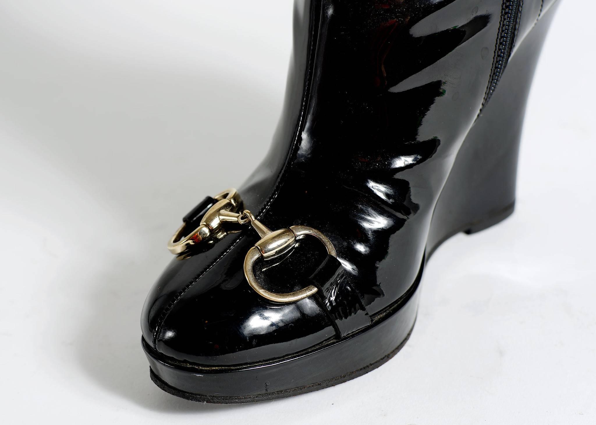 Gucci Patent Leather High Wedge Boots In Good Condition In Los Angeles, CA