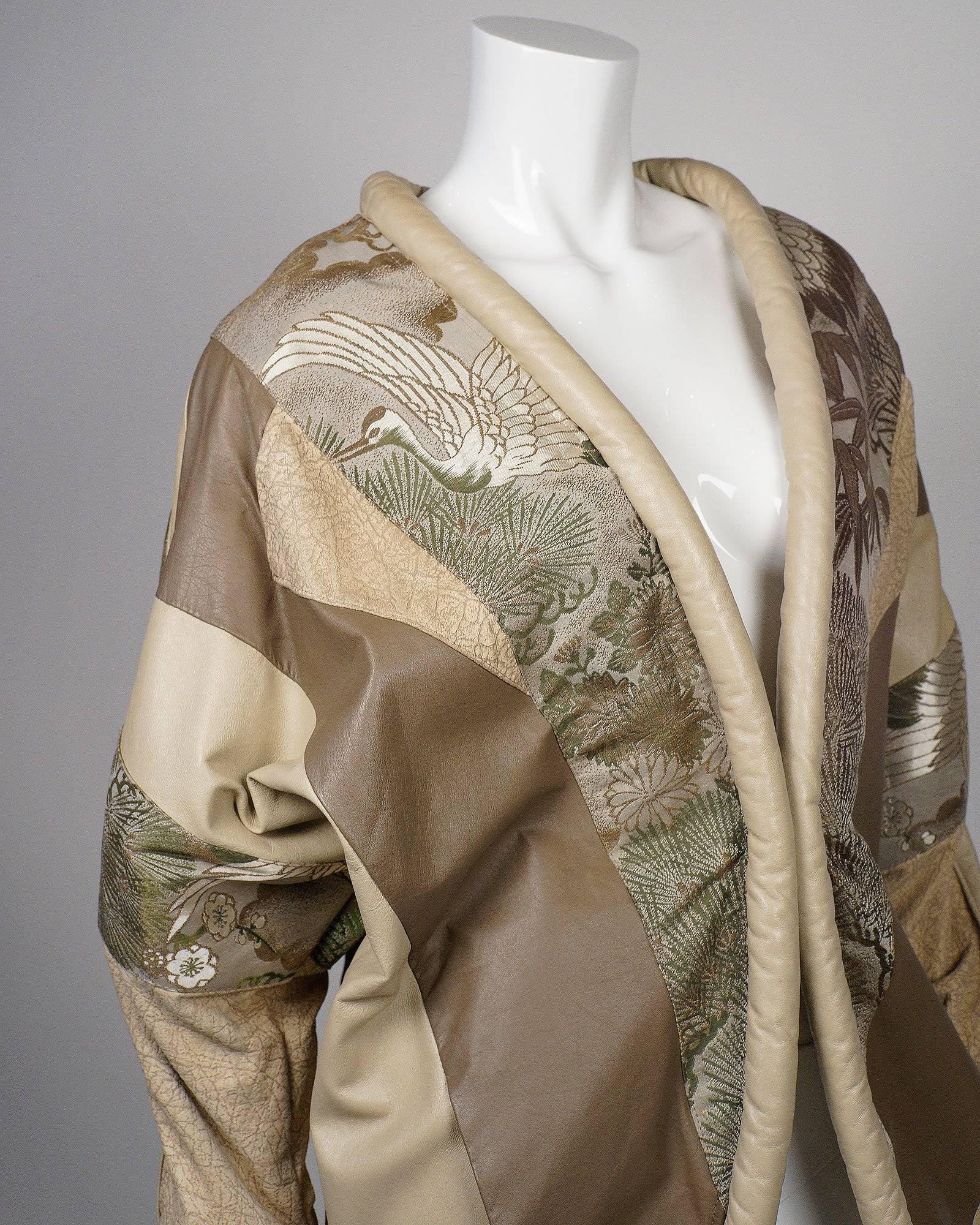 Brown Embroidered and Leather Japanese Style Cocoon Coat