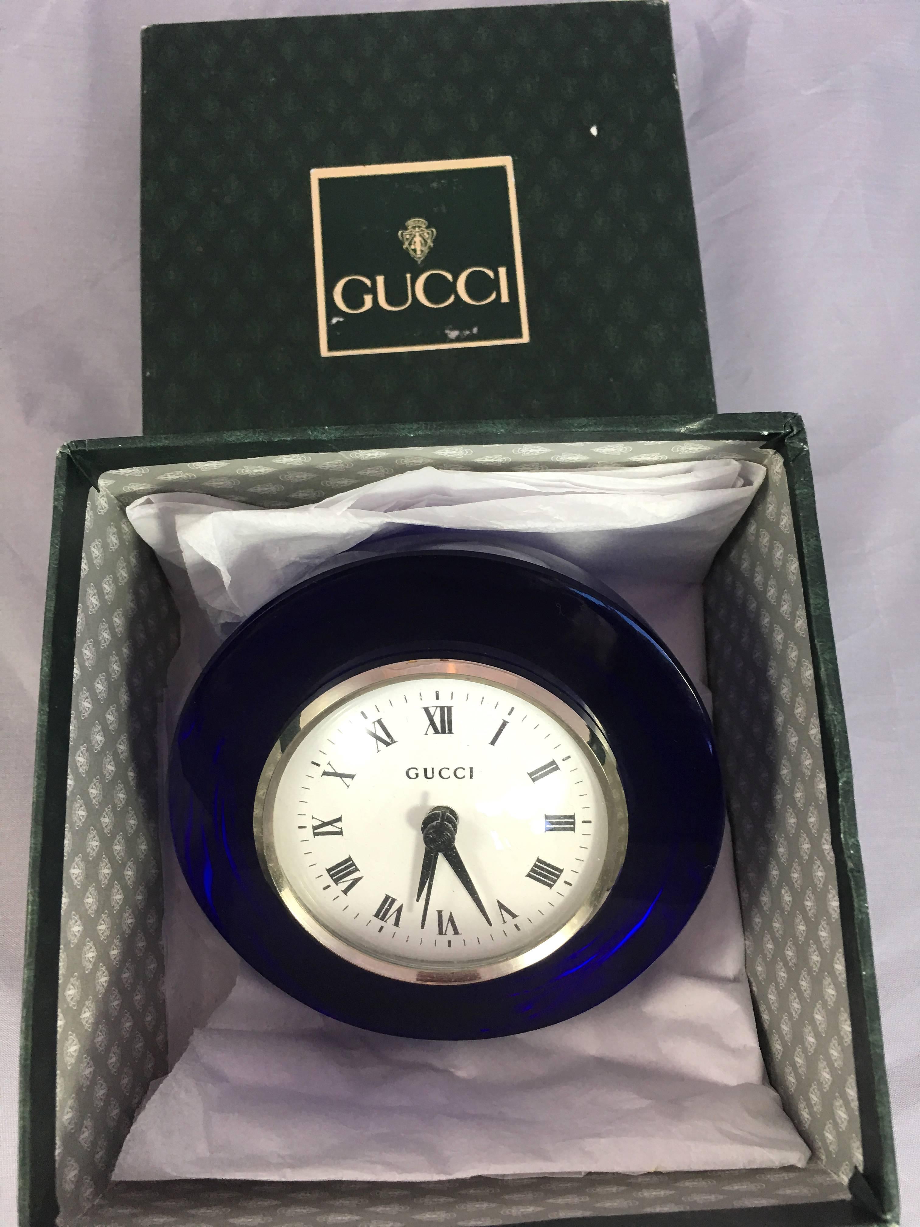 Black Gucci Cobalt Glass Table Clock in Box